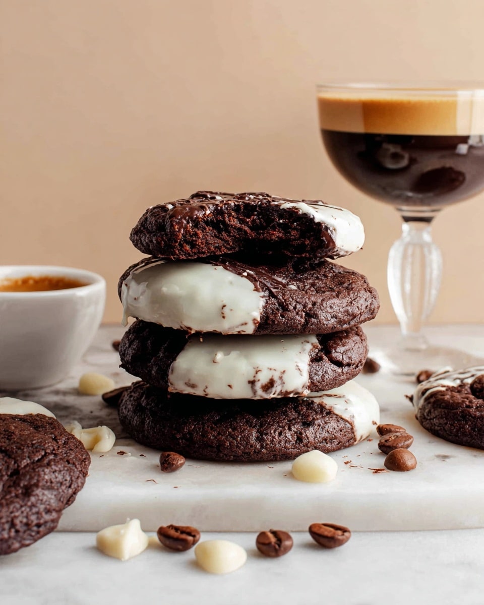 A stack of four dark brown chocolate cookies, each partially dipped in smooth white icing, sits at the center on a white marbled surface. The bottom three cookies are whole, while the top cookie is broken into two uneven pieces showing a moist and crumbly interior. Scattered coffee beans and white chocolate chunks lie around the cookies. To the left, a clear glass cup holds a shot of dark espresso with a creamy light brown foam on top. In the background, a tall glass with a dark liquid and a golden rim is slightly out of focus. photo taken with an iphone --ar 4:5 --v 7