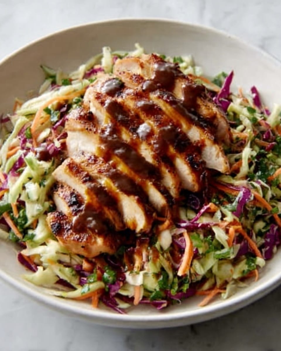 The dish shows several pieces of juicy grilled chicken with a shiny, dark brown glaze, arranged in a slight curve on a white plate. Under the chicken, there is a layer of light golden sauce that pools around the edges. Beside the chicken, there’s a colorful mix of shredded vegetables like purple cabbage, orange carrots, and green leaves, giving a fresh and crunchy look. The plate rests on a white marbled surface, making the colors of the food stand out clearly. Photo taken with an iphone --ar 4:5 --v 7