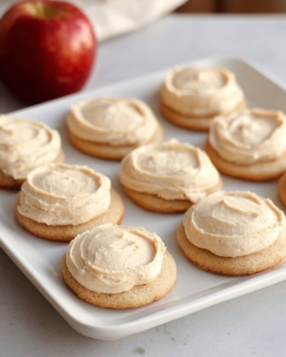 The image shows a white rectangular plate with eight round cookies arranged in two rows of four. Each cookie has one layer topped with a smooth spread of light beige frosting evenly covering the surface. The plate sits on a white marbled texture, with a red apple blurred in the background on the top left side. The lighting is soft and natural, highlighting the creamy texture of the frosting. Photo taken with an iphone --ar 4:5 --v 7