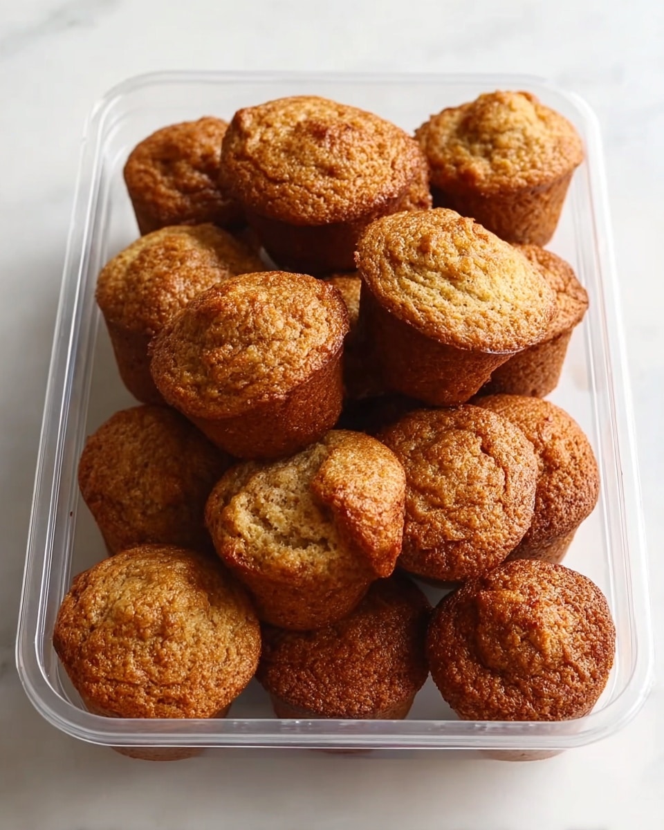 A clear plastic container filled with about twenty small muffins stacked on top of each other, each muffin having a rough golden brown top with a slightly darker brown baked side, showing a textured surface that looks soft and crumbly. The container sits on a white marbled texture, giving the image a clean and simple look. photo taken with an iphone --ar 4:5 --v 7