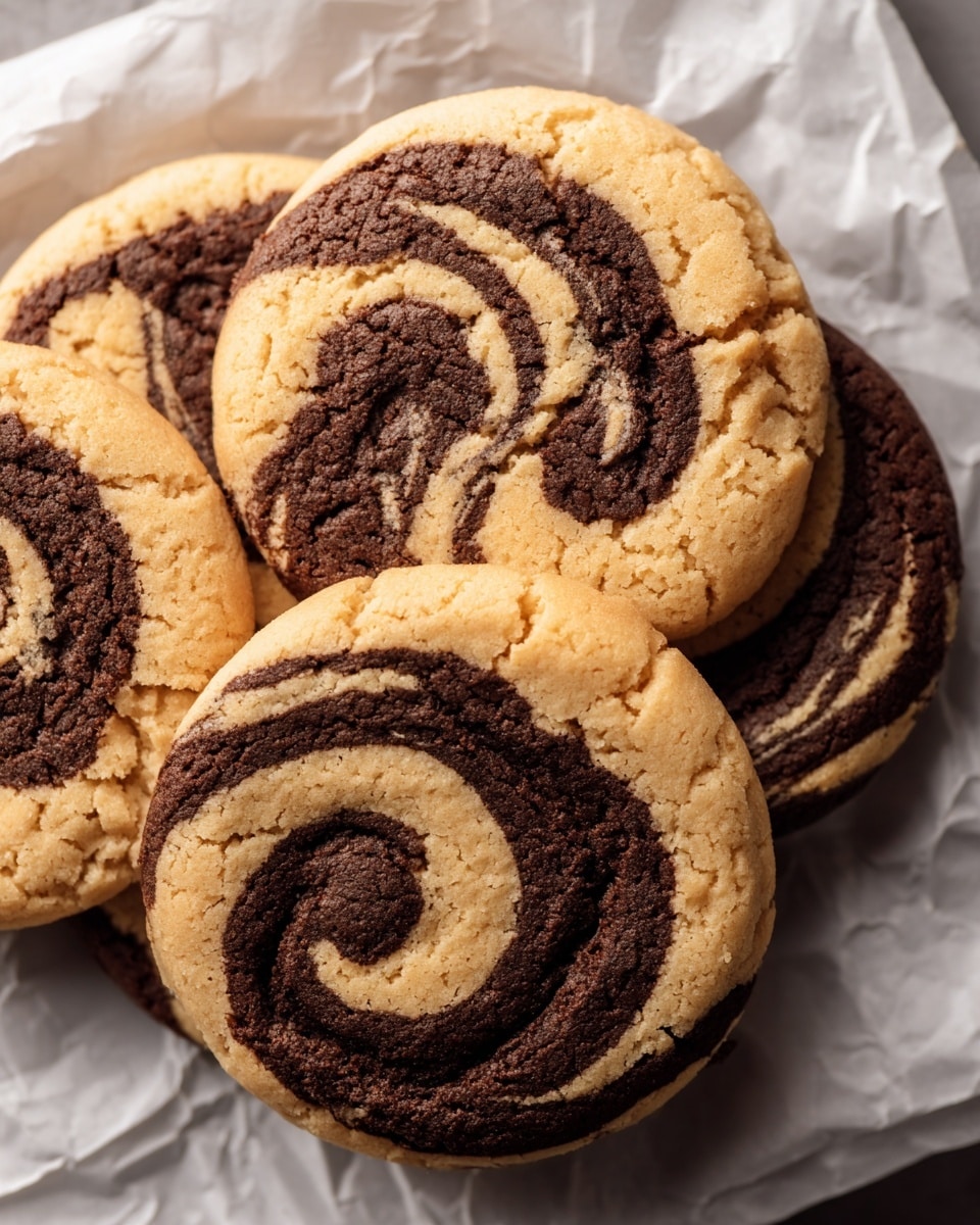 The image shows close-up of four round cookies with two main colors swirled together in a spiral pattern; the lighter beige dough contrasts sharply with the darker brown chocolate dough, creating a marble effect; the cookies have a slightly cracked and soft texture, and they are placed on crumpled white parchment paper over a white marbled surface; the arrangement is slightly overlapping with the largest cookie in the middle and others partially visible around it, emphasizing the swirled design and baked texture; photo taken with an iphone --ar 4:5 --v 7