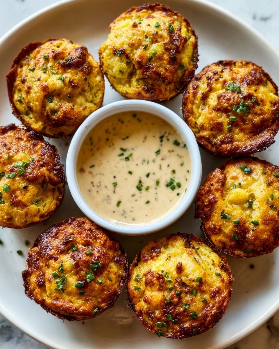 The image shows seven golden-brown, crispy baked snacks arranged in a circle around a small white bowl filled with creamy beige sauce with green herb bits. Each snack has a rough, textured top with some darker brown spots and is sprinkled with chopped green herbs. The snacks have a slightly uneven shape and are sitting on a smooth white marbled surface. The photo has warm lighting that highlights the crunchiness and herbs on the snacks. photo taken with an iphone --ar 4:5 --v 7