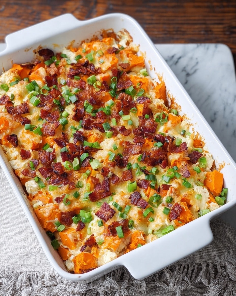A white rectangular baking dish filled with a baked casserole featuring three main visible layers: the bottom layer is an orange color from cooked diced sweet potatoes, the middle layer is melted white cheese evenly spread throughout, and the top layer consists of small crispy bacon bits and chopped green onions scattered over the surface, adding dark brown and bright green accents. The dish is set on a white marbled texture surface with a folded grey napkin with black decorative edges beside it. photo taken with an iphone --ar 4:5 --v 7