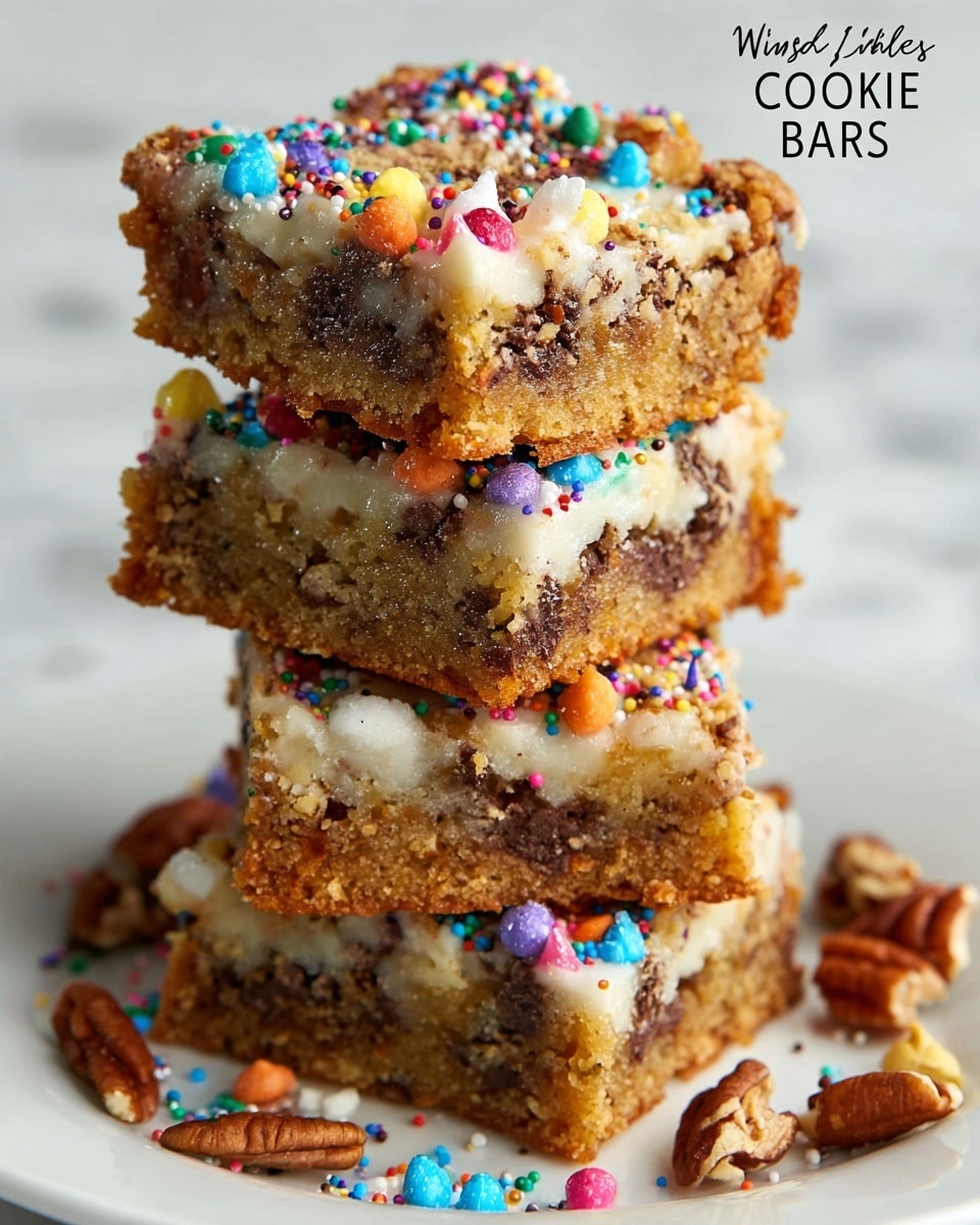 A stack of four Magic Cookie Bars sits on a white plate, each bar showing three main layers: the bottom thick crust is light brown and crumbly, the middle layer is the densest with a mix of dark chocolate chips and nuts, and the top layer is gooey white with melted coconut flakes, chopped nuts, and colorful round sprinkles scattered throughout. Small pecan pieces and sprinkles rest around the plate, all set on a white marbled surface. photo taken with an iphone --ar 4:5 --v 7