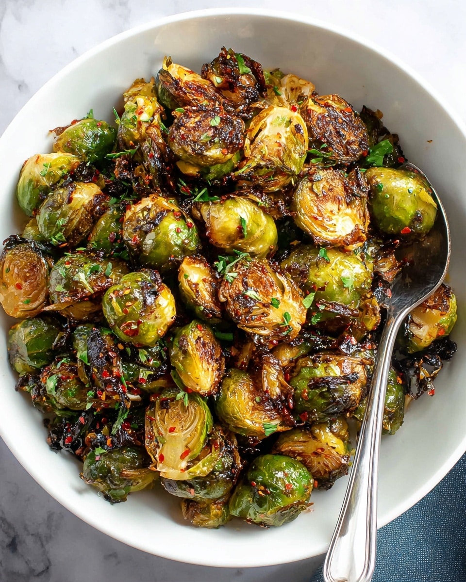 A white bowl is filled with roasted Brussels sprouts showing three visible layers: the bottom layer is a mix of slightly charred dark brown outer leaves; the middle layer has caramelized golden brown sprouts; and the top layer features green sprouts coated with a glossy reddish spicy sauce and small bits of fresh green herbs spread evenly. A metal spoon rests inside the bowl on the right side. The bowl sits on a white marbled surface. photo taken with an iphone --ar 4:5 --v 7