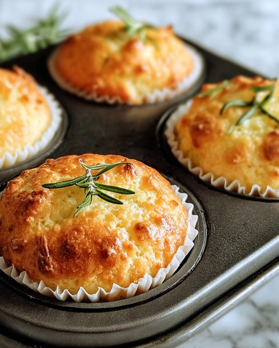 The image shows three golden-brown muffins in a dark metal tray, each topped with small sprigs of fresh green rosemary. The muffins have a smooth, slightly shiny crust with a soft texture and are evenly baked with slight cracks on the surface. The background features a white marbled texture, highlighting the warm tones of the muffins. The muffins are each sitting in a white paper liner inside the metal tray, giving a neat and clean look. Photo taken with an iphone --ar 4:5 --v 7