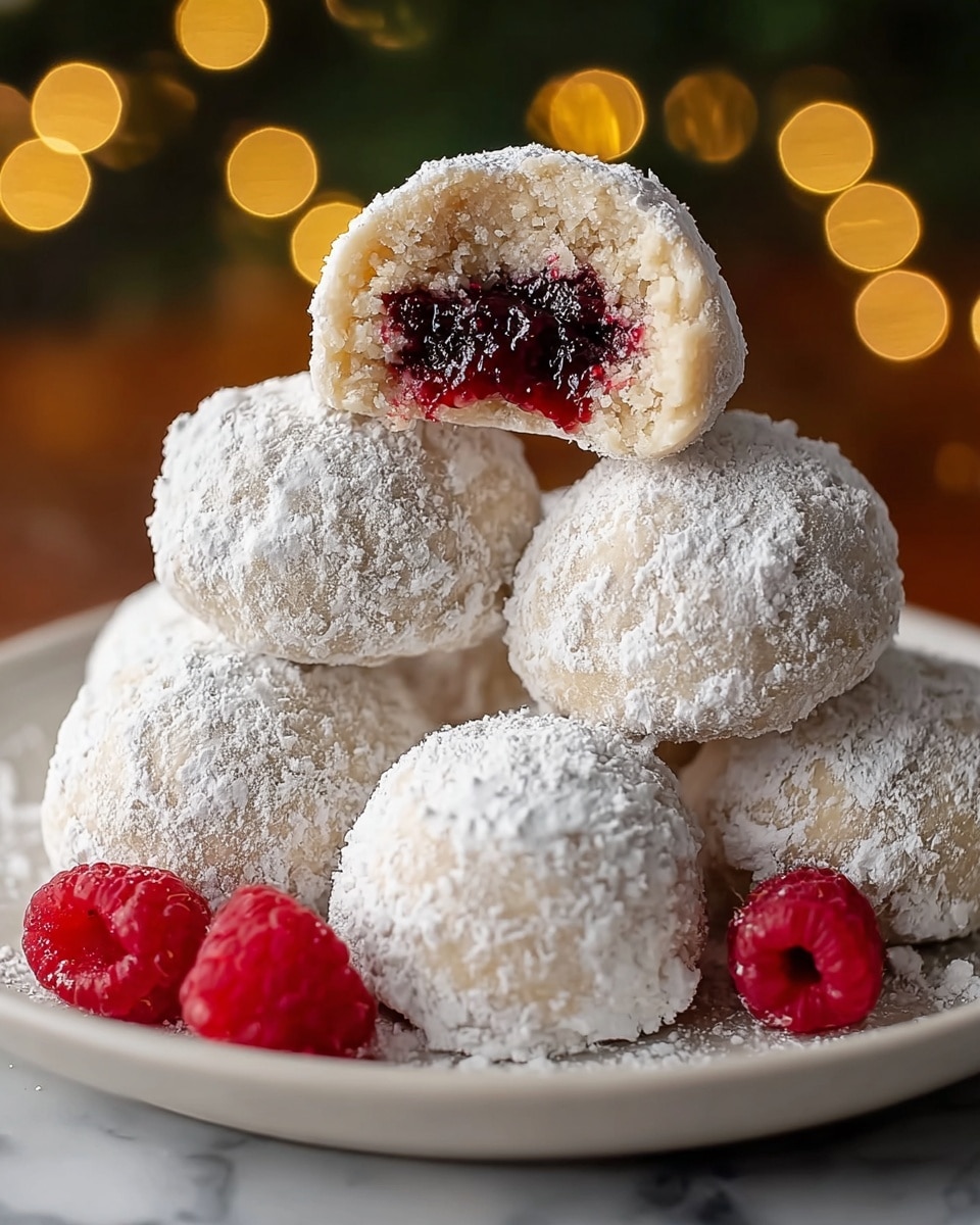 The image shows five ball-shaped, snow-white treats covered in a thick layer of powdered sugar, arranged closely on a white plate with a white marbled surface beneath. Four of the treats are whole, and one is cut in half resting on top of the others, revealing a soft, creamy beige outer layer with a bright, glossy red jelly center inside. The outside looks slightly grainy from the powdered sugar dusting, and there are a few fresh red raspberries placed beside the treats, adding a pop of color. The background is softly blurred with warm circular lights. photo taken with an iphone --ar 4:5 --v 7