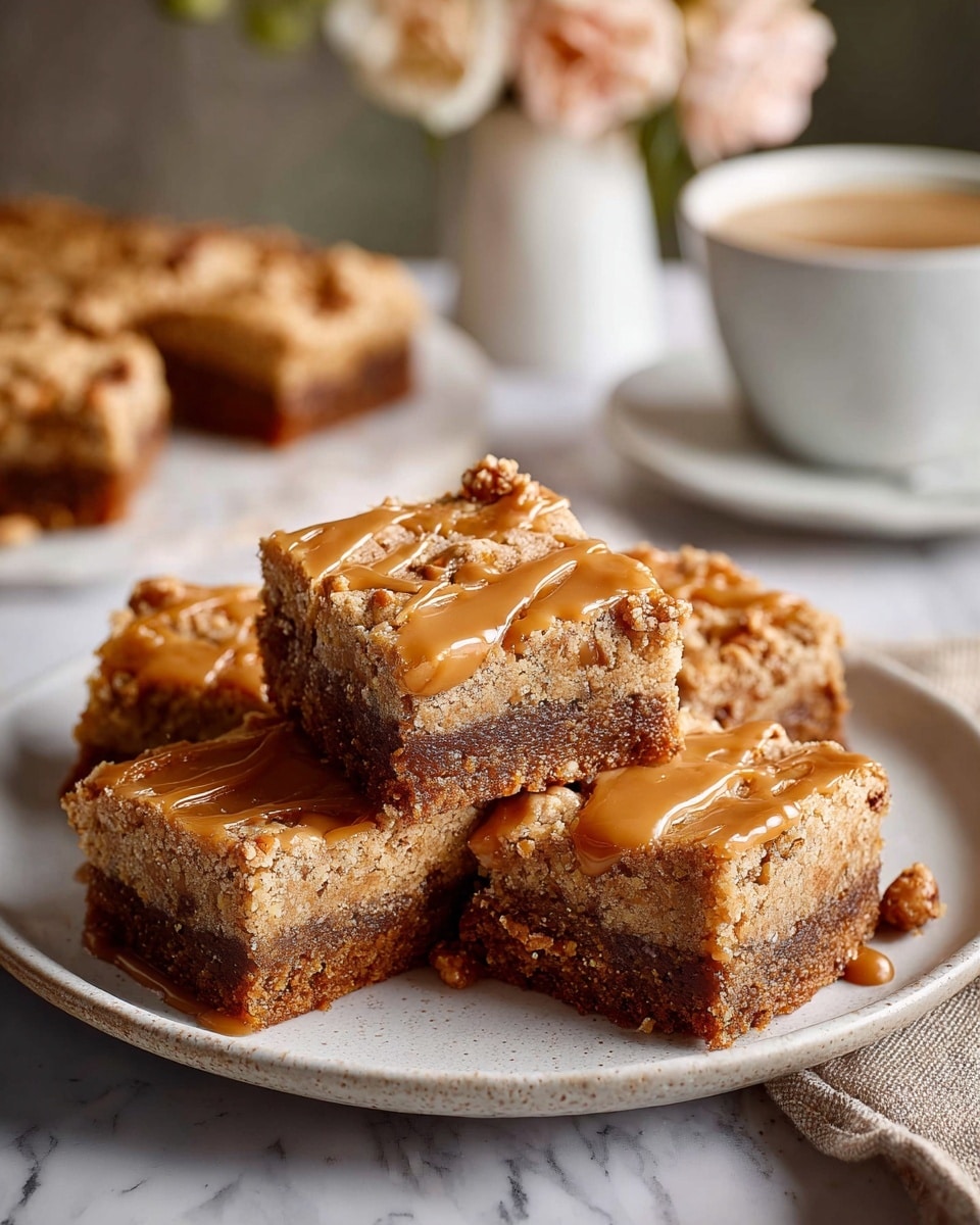 There are six square dessert bars stacked on a round white plate with a textured surface. Each bar has two distinct layers: a thick, dark brown base and a lighter, tan top layer with a crumbly texture. The top is drizzled with a glossy caramel sauce that creates thin, wavy lines across each bar. The plate sits on a white marbled surface and in the background, there is a blurred white cup filled with light brown coffee on a matching saucer, along with a white vase holding soft pink flowers and a small white bowl with caramel pieces. A woman's hand with a beige cloth is just visible in the lower left corner. photo taken with an iphone --ar 4:5 --v 7