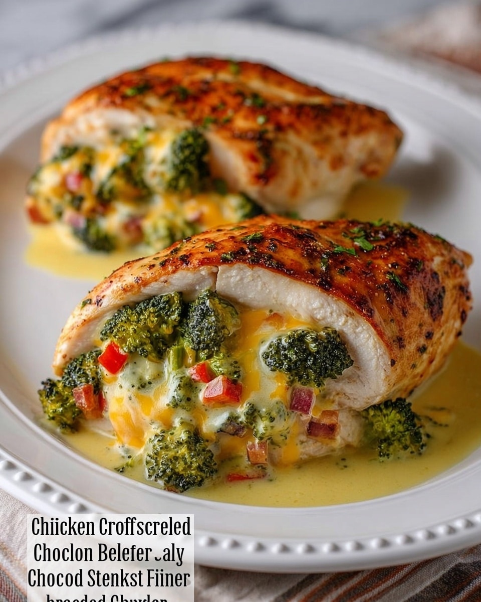 Two large pieces of golden-brown roasted chicken breasts sit on a white plate with delicate raised patterns around the edge. Each chicken breast is sliced open and stuffed with a colorful mix of bright green broccoli florets, small red bell pepper pieces, and melted cheddar cheese that oozes slightly, blending with a creamy light yellow sauce pooling gently around the chicken. The skin of the chicken has a crispy texture with visible black pepper and herb seasoning on top. The plate rests on a white marbled surface, with soft natural light highlighting the juicy and rich textures of the dish. photo taken with an iphone --ar 4:5 --v 7