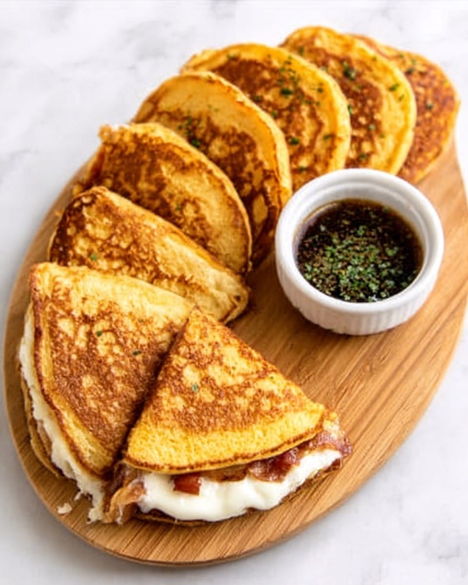 A wooden board holds seven golden-brown fried pockets in two rows; the front row shows three of these pockets cut in half, revealing melted white cheese and crispy bacon layers inside a golden, crusty exterior. The back row has four whole pockets sprinkled with finely chopped green herbs. On the right edge of the board is a small white bowl filled with dark dipping sauce, topped with green herbs. The board rests on a white marbled surface. Photo taken with an iphone --ar 4:5 --v 7