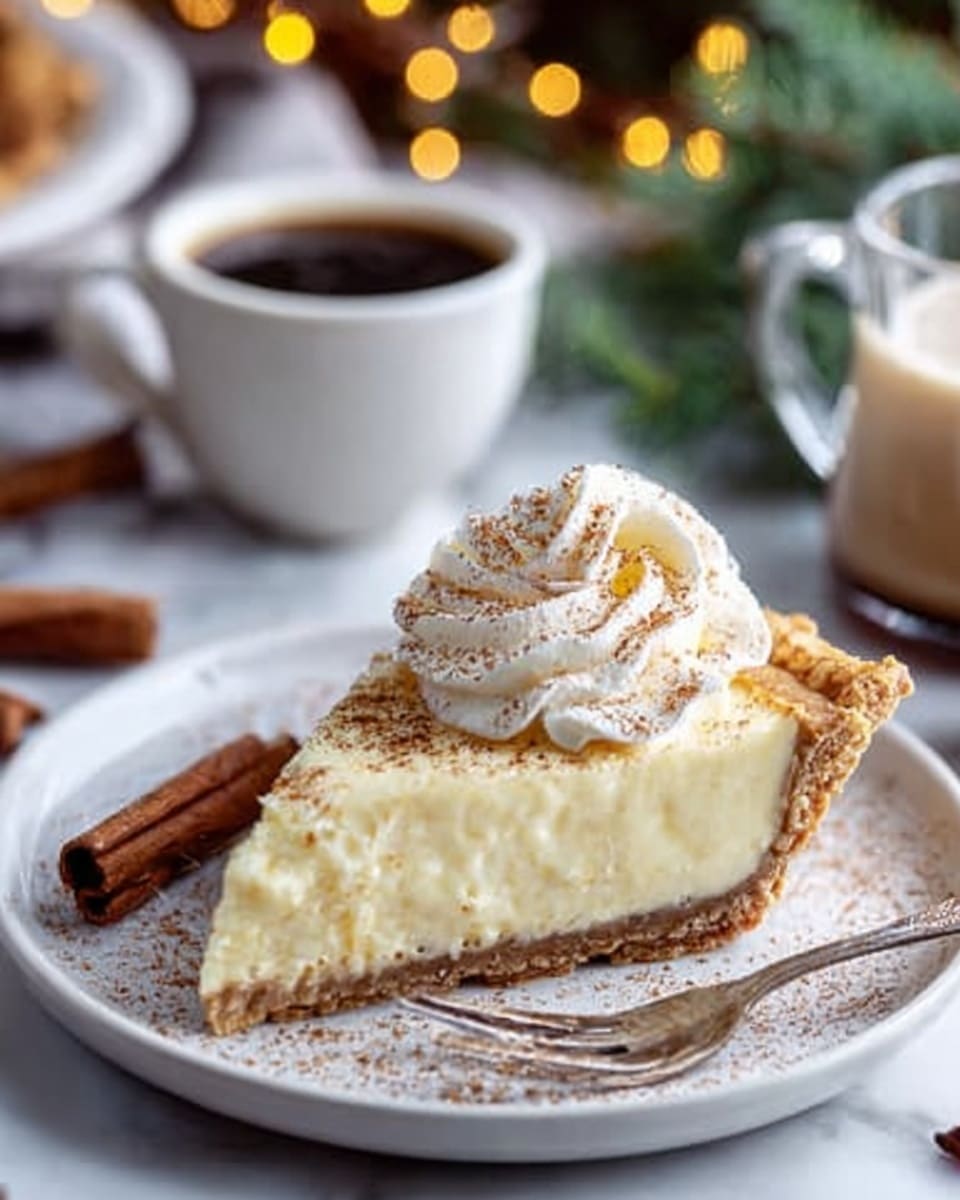 A slice of creamy yellow pie with a thick, light brown crust sits on a white plate with ribs around the edge. The pie has a shiny, smooth filling topped with a swirl of fluffy white whipped cream sprinkled with cocoa powder. The crumbly crust contrasts softly with the smooth filling, and a cinnamon stick rests next to the pie slice. In the blurred background, a white cup of coffee, a glass of milk, some pinecones, green pine needles, and red berries lie on a white marbled surface, creating a cozy holiday feeling. Photo taken with an iphone --ar 4:5 --v 7