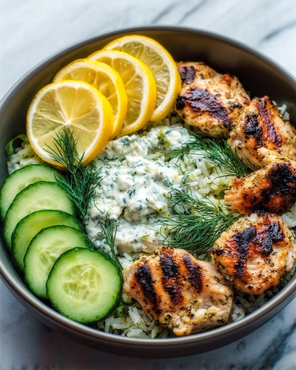 A white bowl filled with three main layers: on one side, sliced cucumber rounds with a fresh green color; next to it, three pieces of grilled chicken with golden brown grill marks and a slightly crispy texture; the largest section covered with a creamy white sauce mixed with green herbs, topped lightly with more fresh herbs; two lemon slices rest on the edge of the bowl adding a bright yellow color; the bowl sits on a white marbled surface. Photo taken with an iphone --ar 4:5 --v 7