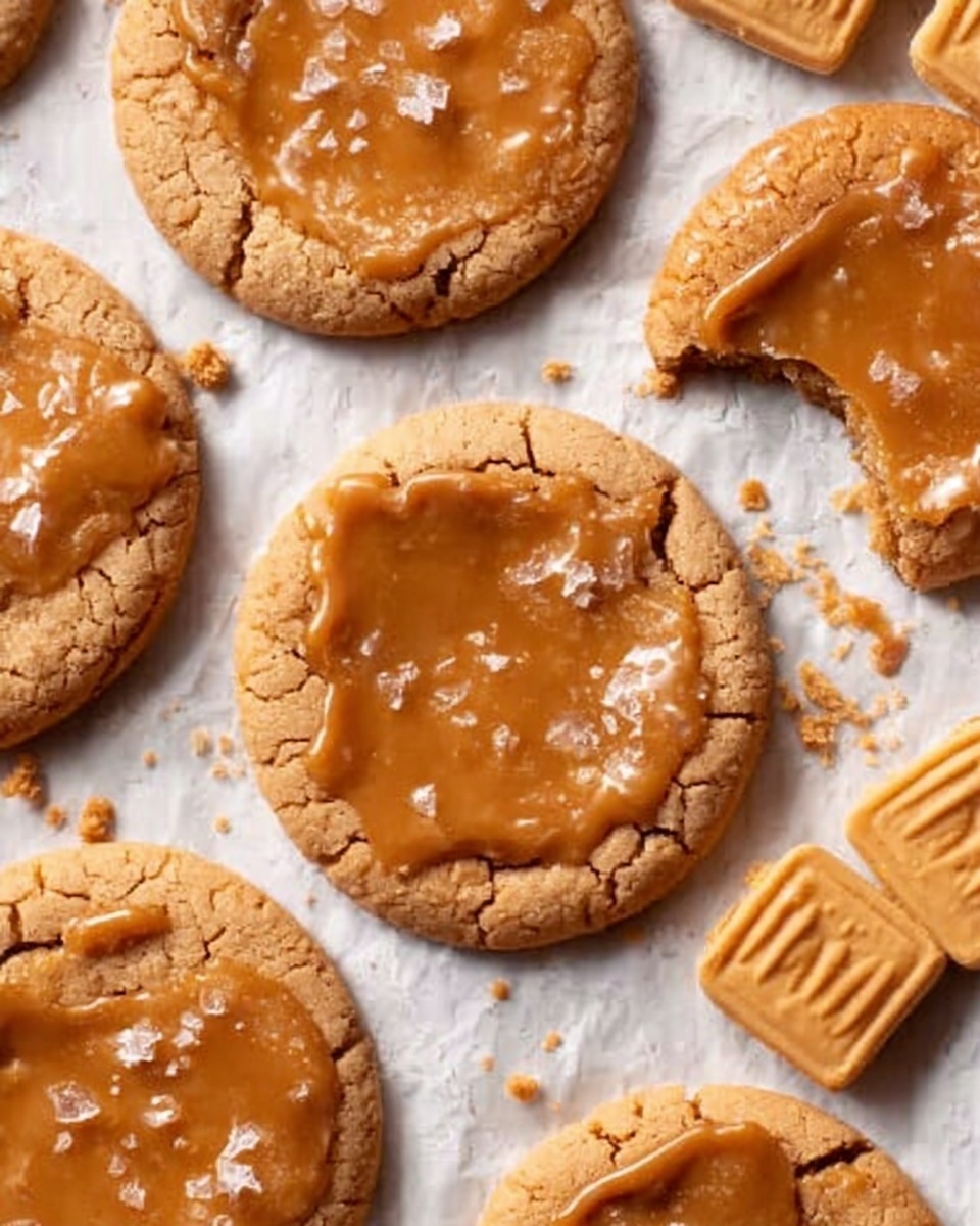 The image shows several round cookies with a cracked, golden-brown topping scattered on a sheet of parchment paper. Each cookie has a thick, uneven layer of shiny caramel or butterscotch on top, with some areas slightly melted or broken. One cookie near the center has a bite taken from it, revealing a crumbly, light tan inside. On the right edge, there are a couple of square cookies with a similar butterscotch color but a different texture and a stamped pattern on top. The surface underneath the parchment is a white marbled texture. Photo taken with an iphone --ar 4:5 --v 7