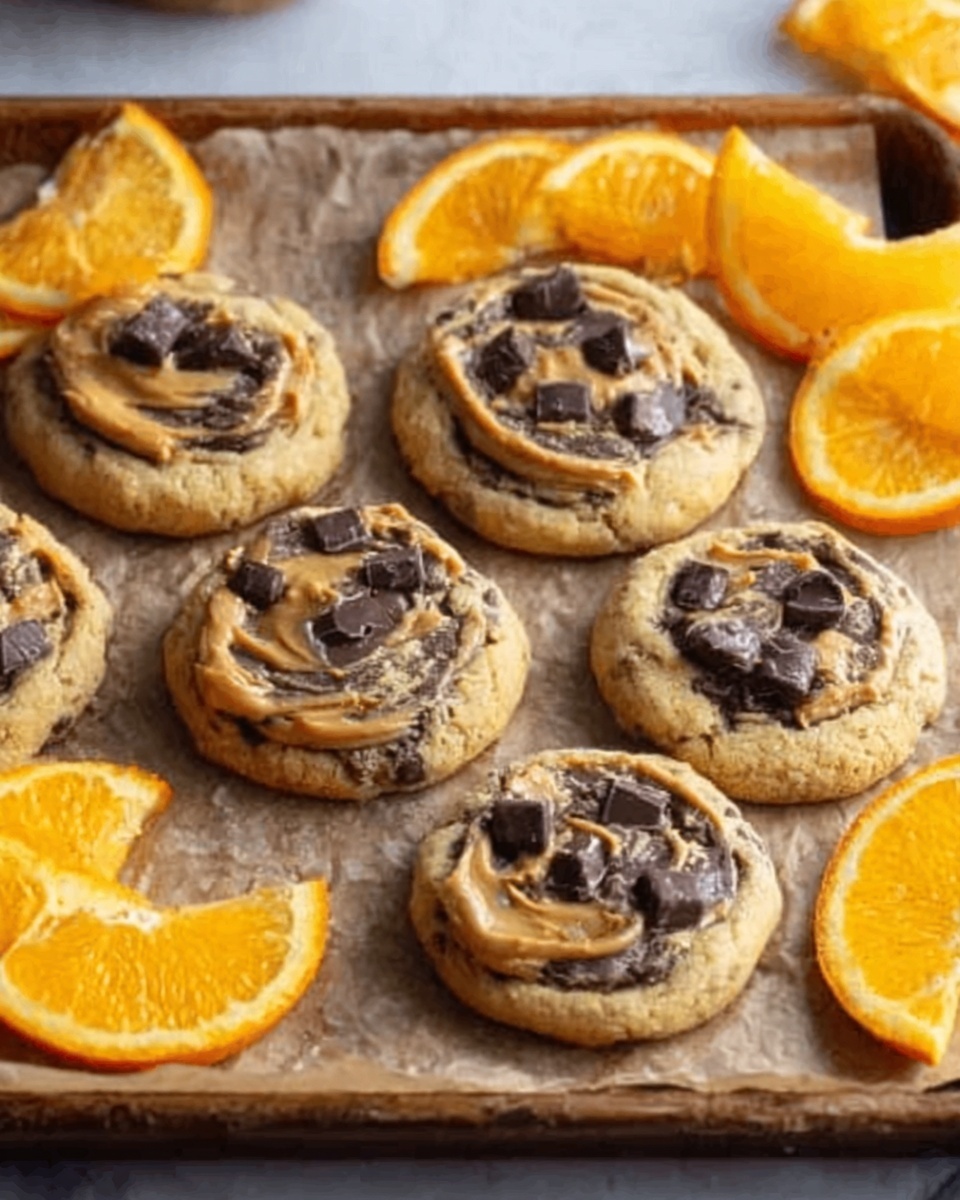 The image shows a set of six round cookies arranged on a sheet of brown parchment paper, placed on a white marbled surface. Each cookie has a light golden-brown base with a slightly rough texture, topped with a swirled layer of creamy nut butter that is light brown and glossy. Dark chocolate chunks are scattered unevenly on top of the nut butter, adding a rich, shiny contrast. Around the cookies, fresh orange slices with bright, juicy segments create a vibrant frame. The photo taken with an iphone --ar 4:5 --v 7