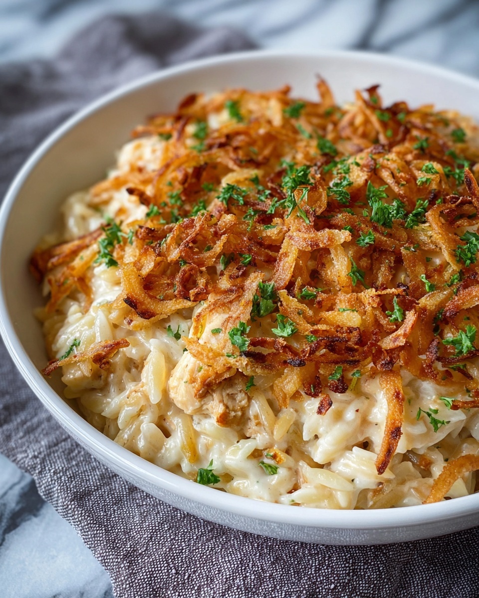 A close-up view of a creamy pasta dish in a white bowl, with soft, off-white pasta noodles mixed with slices of tender chicken layered as the base, topped with crispy, golden-brown fried onions sprinkled throughout, and finished with small pieces of chopped bright green herbs scattered on top for a fresh look, all set on a white marbled surface. photo taken with an iphone --ar 4:5 --v 7