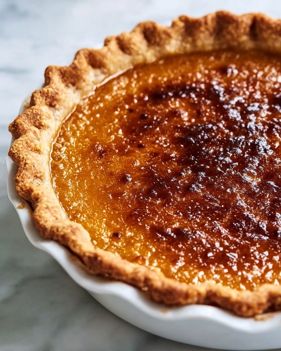 A close-up view of a pie showing three visible layers: the outer crust, a golden brown with a rough texture and a crimped edge; the filling beneath it, smooth and caramelized with a glossy, dark amber surface that shows some slight bubbling and spots of deeper brown where it appears slightly burnt; all of this sits in a white pie dish with a scalloped edge, placed on a white marbled surface. photo taken with an iphone --ar 4:5 --v 7