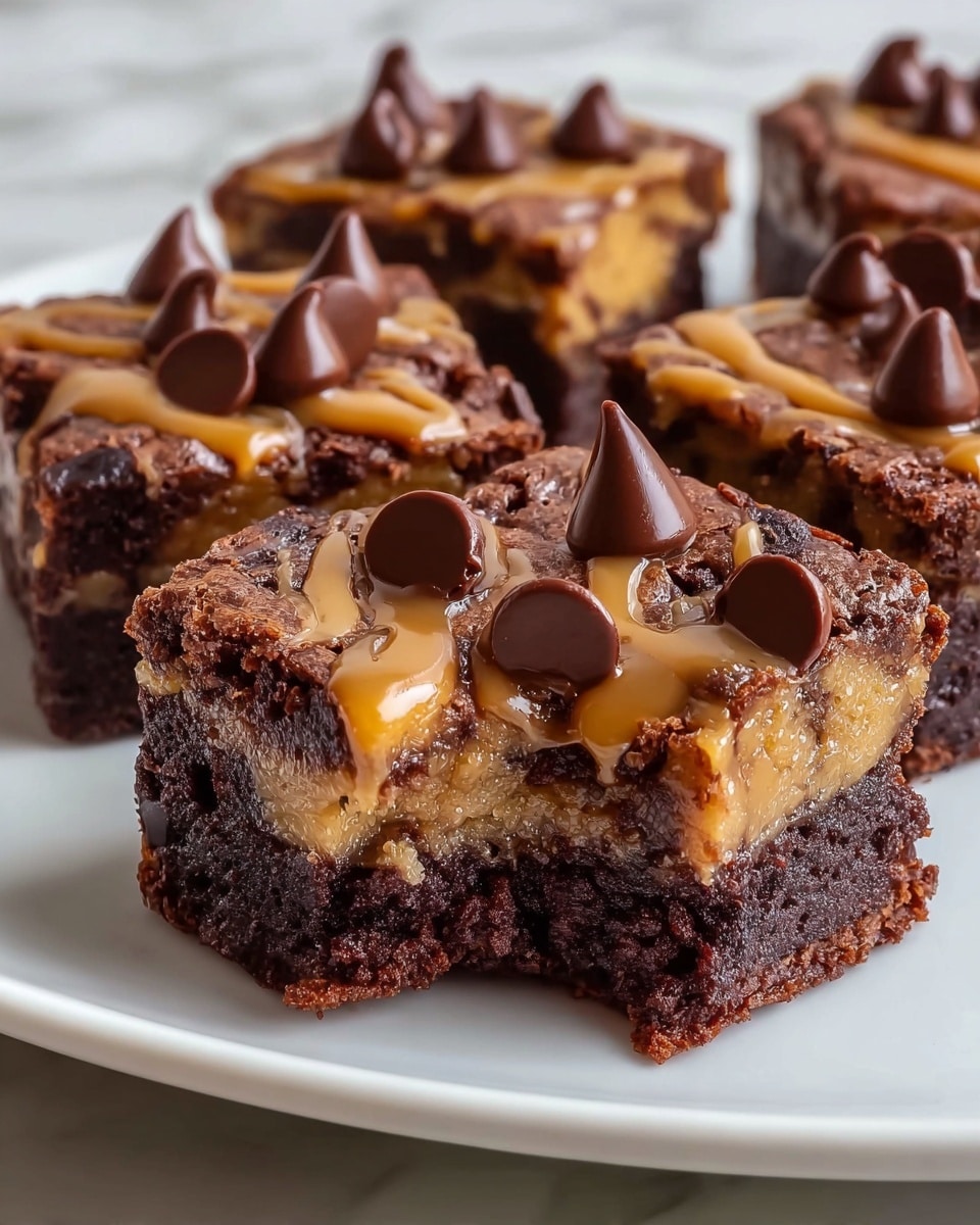 Three chocolate and peanut butter layered brownies sit on a white plate with a white marbled surface underneath. Each brownie has a thick dark brown chocolate base with a lighter beige peanut butter swirl mixed in the middle layer. The top layer features a shiny swirl of peanut butter with glossy dark chocolate chips scattered on it. The front brownie has a bite taken out of it, showing the soft, moist texture inside with clear layers of chocolate and peanut butter. Photo taken with an iphone --ar 4:5 --v 7