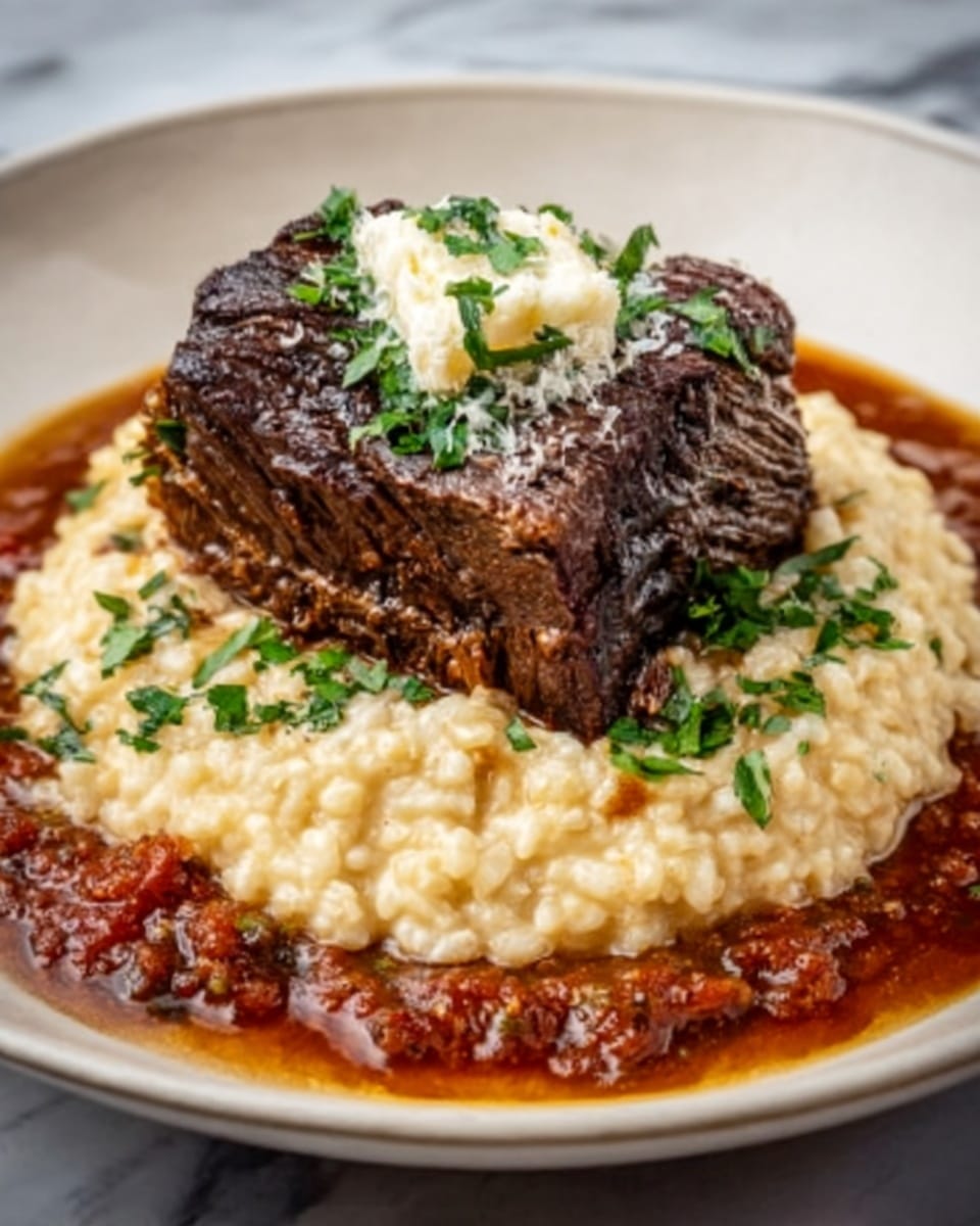 A white plate holds a rich dish with three main layers. The bottom layer is creamy light yellow risotto spread evenly across the plate. On top of the risotto sits a thick, dark brown piece of meat with a crispy texture. The meat is topped with a small dollop of white butter melting slowly and some chopped green herbs scattered over it. Around the meat and risotto, there is a smooth dark red sauce pooling gently, adding a glossy finish. The plate is set on a white marbled surface. Photo taken with an iphone --ar 4:5 --v 7