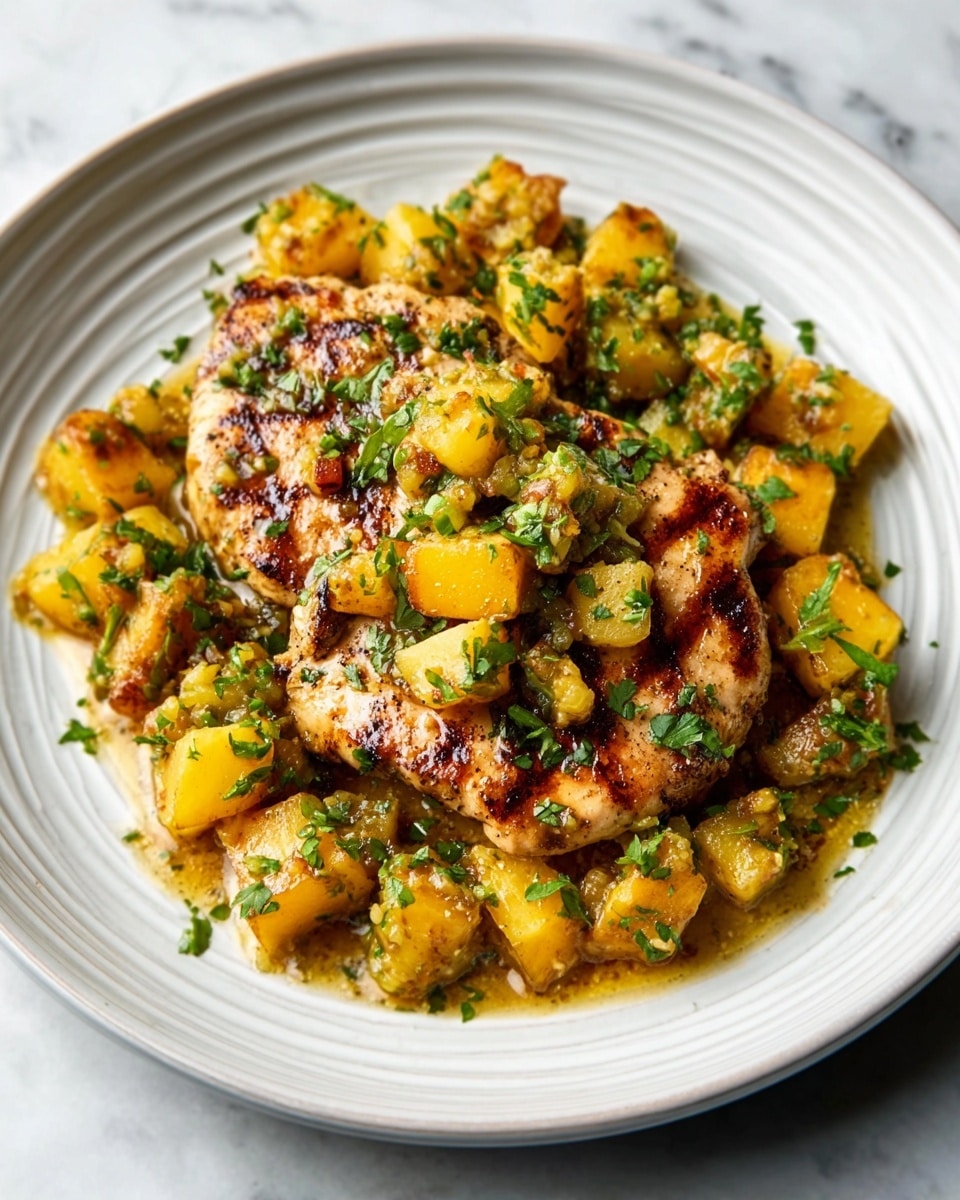 A white plate holds a serving of golden-brown grilled chicken topped with a chunky salsa of yellow mango pieces mixed with small green herbs, creating a bright and fresh look. The chicken has a slightly crispy texture with visible grill marks, and the mango salsa adds a juicy, colorful contrast scattered evenly over the top. The dish looks lively with a mix of warm and cool tones against the smooth white marbled background. Photo taken with an iphone --ar 4:5 --v 7