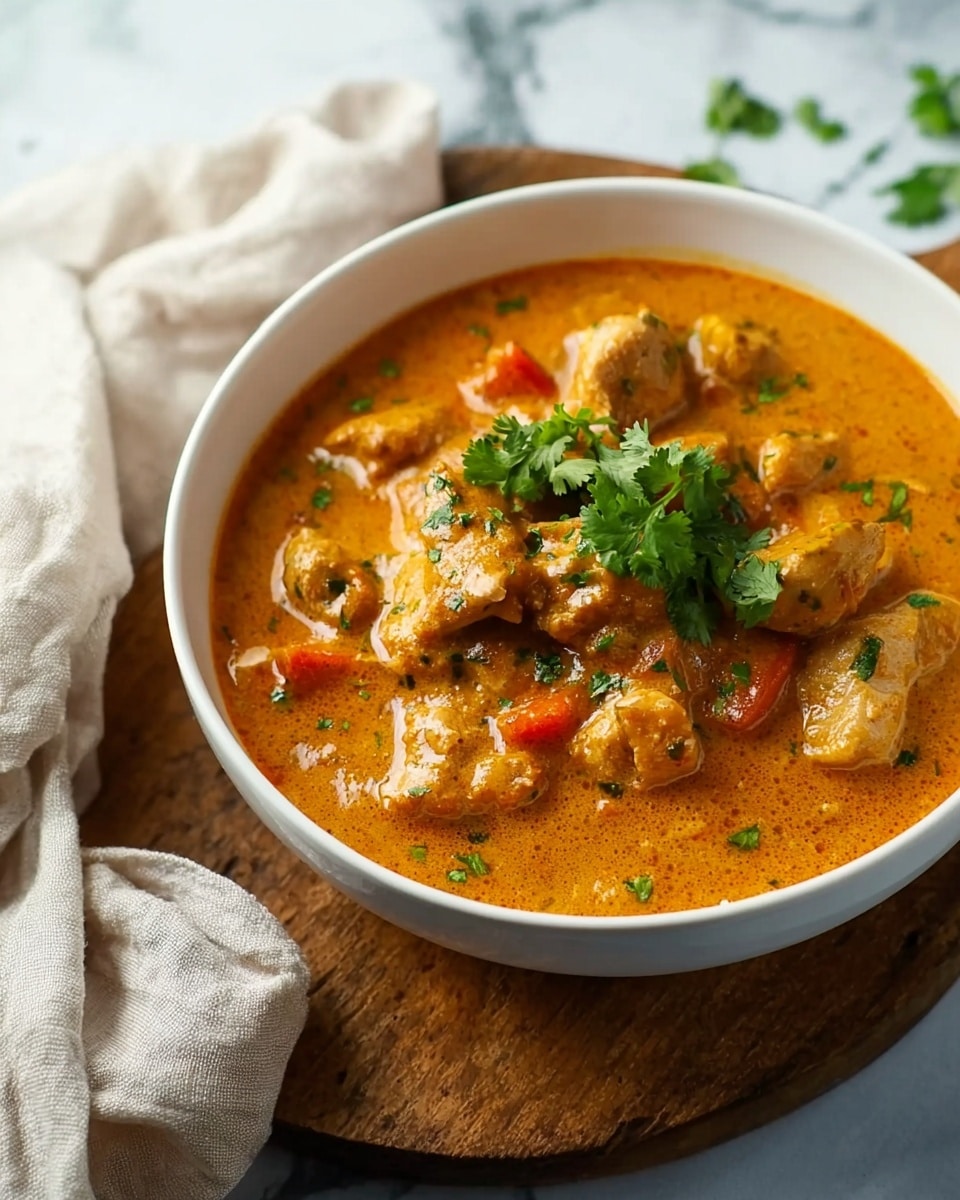 A white bowl filled with a thick, orange-brown curry featuring chunky pieces of chicken and small bits of red and green vegetables mixed in, with a smooth, slightly creamy texture. On top, there are fresh green cilantro leaves scattered as garnish. The bowl rests on a dark area next to a wooden cutting board and a soft, off-white cloth on a white marbled surface. photo taken with an iphone --ar 4:5 --v 7