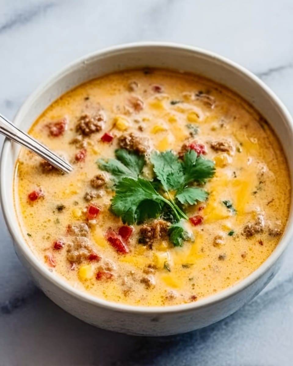 A white bowl filled with creamy soup showing a thick layer of melted cheese on top mixed with cooked ground meat and beans. The soup has a warm yellow and light brown color, and it is decorated with small red bits of chili and a sprig of fresh green cilantro placed in the center. A spoon is inside the bowl with its handle resting on the bowl’s edge. The bowl sits on a white marbled surface. photo taken with an iphone --ar 4:5 --v 7