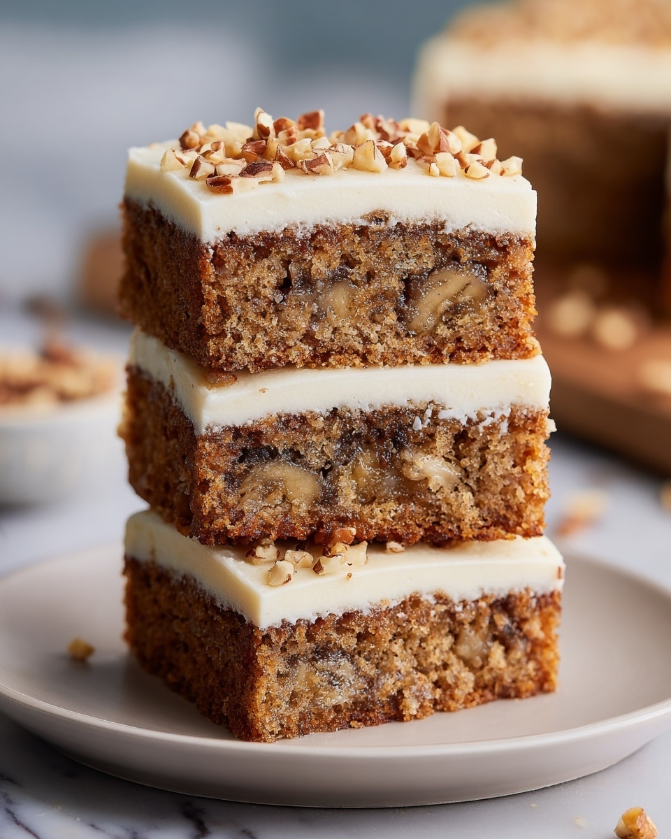 A stack of three square banana cake slices on a white plate, each slice showing two layers: a golden brown, moist cake base with visible banana pieces inside in the middle, and a thick, creamy white frosting layer on top sprinkled with chopped nuts. The cake texture looks soft and crumbly with darker spots from banana and chocolate chips, while the frosting is smooth and slightly glossy. The background is a white marbled texture with scattered cake crumbs and nut pieces around the plate. photo taken with an iphone --ar 4:5 --v 7