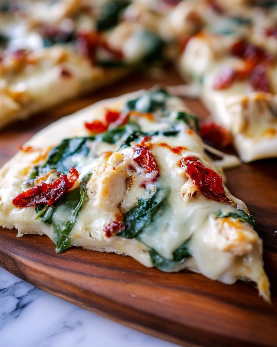 A close-up of a slice of white pizza with creamy melted cheese covering the top, scattered with pieces of red sun-dried tomatoes and green spinach leaves. The crust is thin and light golden, slightly crispy at the edge. Behind the main slice, parts of other similar pizza slices appear blurred on a wooden surface. The cheese is gooey and slightly stretchy, clinging together the toppings tightly. The overall look is rich and fresh with creamy white, green, and red colors. Photo taken with an iphone --ar 4:5 --v 7