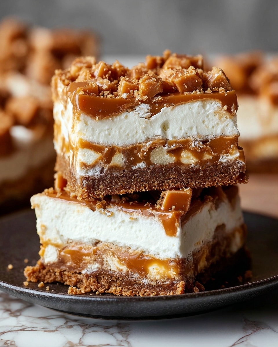 The image shows two stacked dessert bars on a dark plate against a white marbled background. Each bar has four clear layers: the bottom layer is a crumbly brown crust with a rough texture, above it is a sticky golden caramel layer mixed with small white chunks, then a thick, smooth white cream layer, and on top are scattered irregular caramel candy pieces in light brown color. The bars have a slightly glossy finish from the caramel and a crumbly sprinkle on the cream layer. Photo taken with an iphone --ar 4:5 --v 7