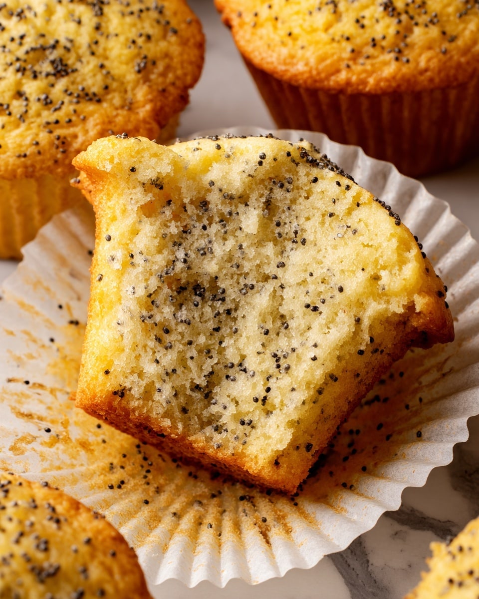 The image shows a close-up of a broken poppy seed muffin resting on its white ridged paper liner. The muffin has a golden-brown top with specks of black poppy seeds spread evenly throughout its light beige, crumbly inside. Around the muffin, more muffins and liners are visible, all on a white marbled surface. The texture of the muffin looks soft and moist with small air pockets. photo taken with an iphone --ar 4:5 --v 7