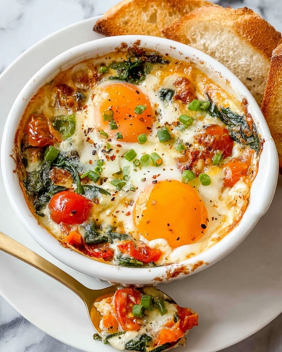 A white ramekin filled with a baked egg dish showing two eggs with bright orange yolks and firm white edges, surrounded by a colorful mix of cooked spinach leaves, orange and red roasted bell peppers, and halved cherry tomatoes, all baked together in a slightly browned cheesy or creamy sauce with herbs and spices visible throughout. The dish is topped with small pieces of chopped green onions and a few cracked black pepper specks. A gold spoon scoops a portion revealing the creamy texture with bits of vegetables. The ramekin sits on a white plate next to two pieces of toasted bread, all set on a white marbled surface. Photo taken with an iphone --ar 4:5 --v 7