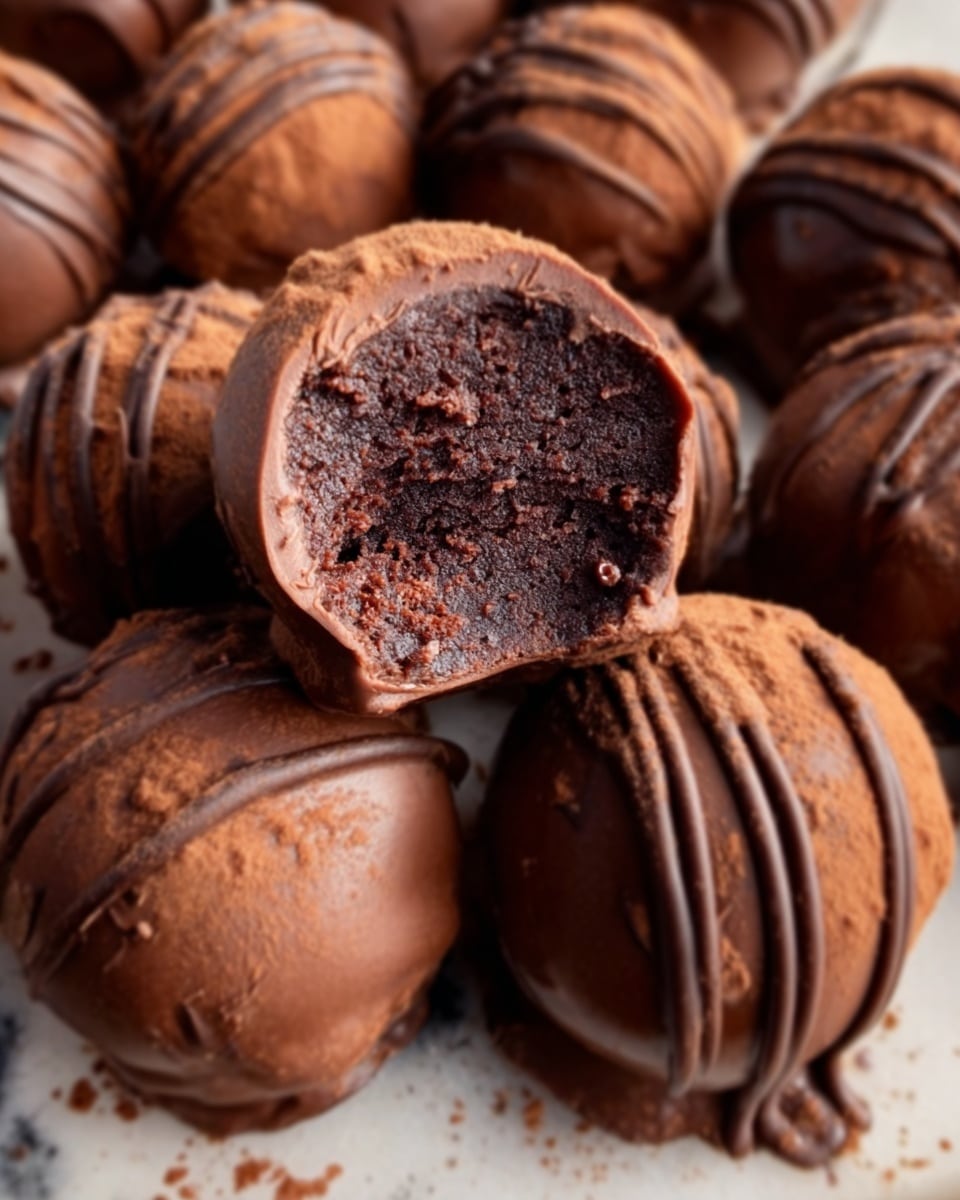 The image shows a close-up of several round chocolate truffles arranged on a white marbled surface, each coated with smooth milk chocolate and decorated with thin lines of darker chocolate drizzle on top. One truffle near the center is bitten in half, revealing a rich, dense, and textured chocolate filling inside. The truffles have a glossy exterior and are tightly grouped with soft shadows beneath them. Photo taken with an iphone --ar 4:5 --v 7