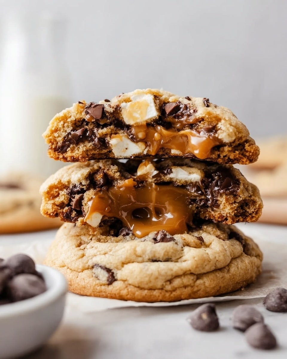A close-up of a stack of three thick cookies on a white marbled surface, each cookie showing a soft, chewy texture with chocolate chips and white chocolate chips scattered throughout. The top cookie is broken in half, revealing a creamy, gooey caramel center oozing out in a rich golden brown color, contrasting with the light golden cookie dough. Each cookie has a slightly crispy, cracked top layer with visible chocolate chunks embedded inside. In the background, slightly out of focus, is a white bowl filled with more chocolate chips. The whole scene is bright and clean with soft natural light. Photo taken with an iphone --ar 4:5 --v 7