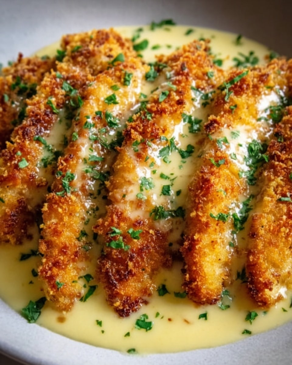 The image shows several slices of breaded chicken arranged in a fan shape on a white plate, each piece coated with a golden-brown, crispy crust. The chicken sits on a creamy white sauce that fills the plate's base, with small green herbs sprinkled on and around the chicken adding color contrast. The texture of the chicken looks crunchy on the outside, while the sauce appears smooth and rich. The scene is set on a white marbled surface. Photo taken with an iphone --ar 4:5 --v 7