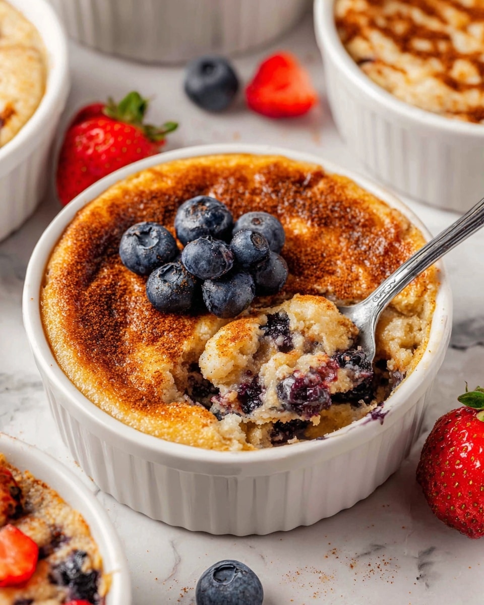A white bowl holds a baked dessert with one visible layer of light golden cake with a slightly rough texture, topped with a sprinkle of fine cinnamon powder and fresh, plump dark blueberries placed in the center. A spoon is scooping out a spoonful, showing the soft inside of the cake with blueberries baked inside, revealing a few purple spots. Surrounding the main bowl are smaller white bowls with chopped red strawberries and whole blueberries on a white marbled surface. The scene is cozy and warm. photo taken with an iphone --ar 4:5 --v 7