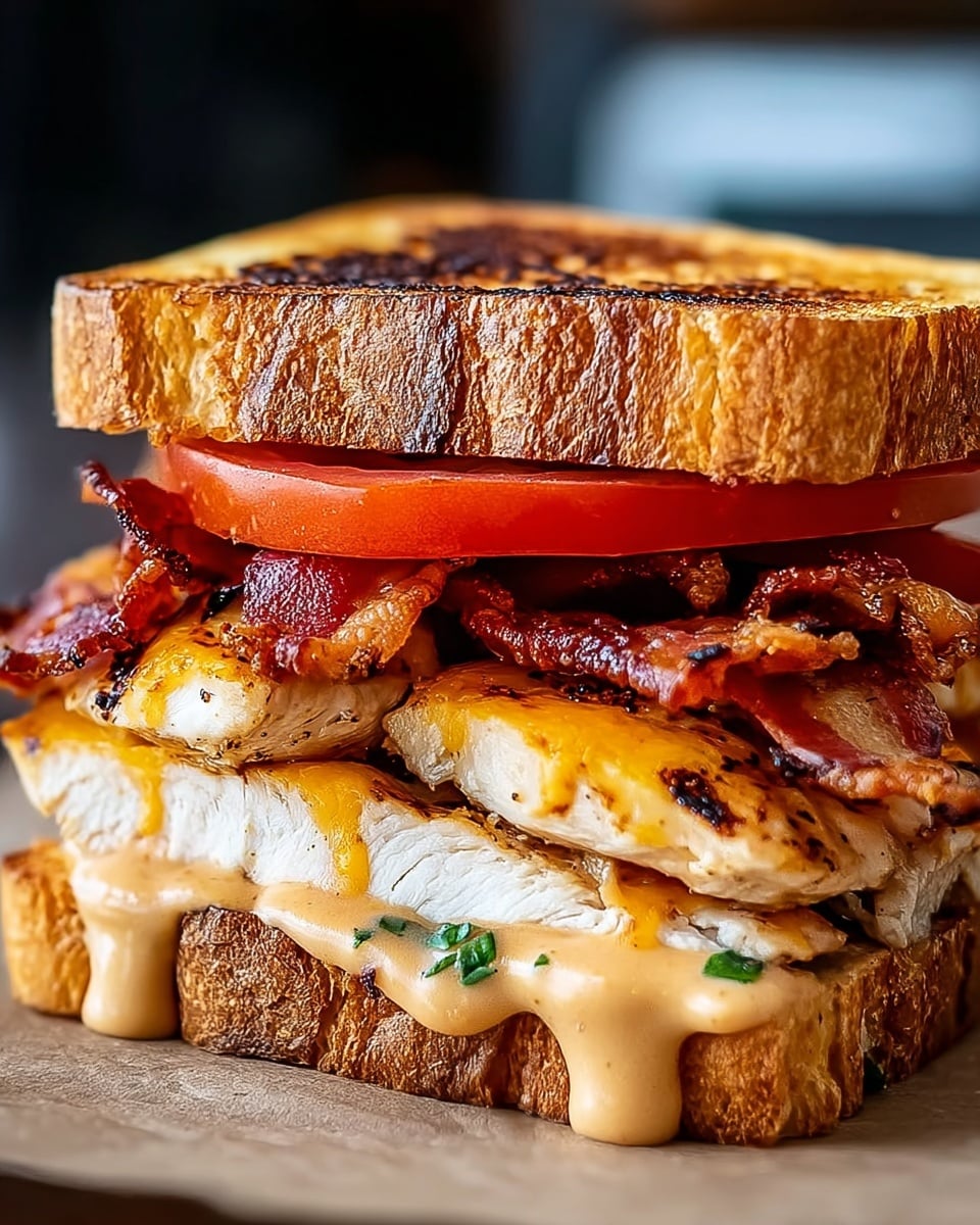 A close-up side view of a thick sandwich on toasted white bread with a golden brown crust. The sandwich has five main layers: at the bottom, crispy bacon strips with dark reddish-brown color; above that is creamy orange sauce with herbs; then two layers of grilled chicken breast, light brown on the outside and white inside; followed by melted orange cheddar cheese; next, another serving of crispy bacon; topped with a thin slice of bright red tomato; and covered with the top piece of toasted white bread. The sandwich is placed on a brown paper surface with a blurred dark background. Photo taken with an iphone --ar 4:5 --v 7