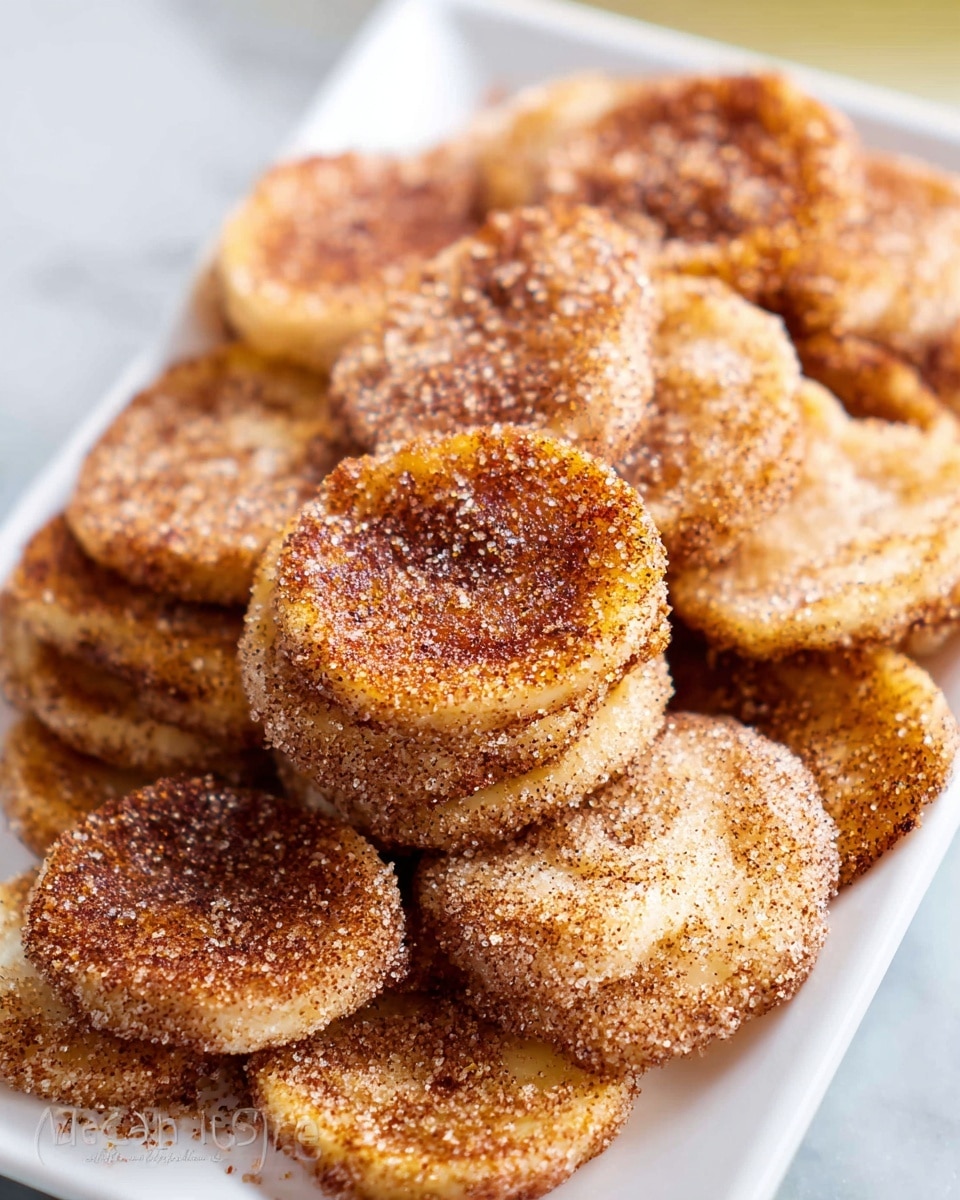 The image shows stacks of small round pieces of what looks like cooked plantains or bananas, arranged closely on a white plate. Each piece is golden brown with a slightly crispy edges, covered in a fine layer of cinnamon and sugar, creating a textured, speckled surface. The pieces are stacked in uneven layers, some with two or three layers high, giving a sense of depth. The background has a white marbled texture, making the warm colors of the cooked food stand out clearly. photo taken with an iphone --ar 4:5 --v 7