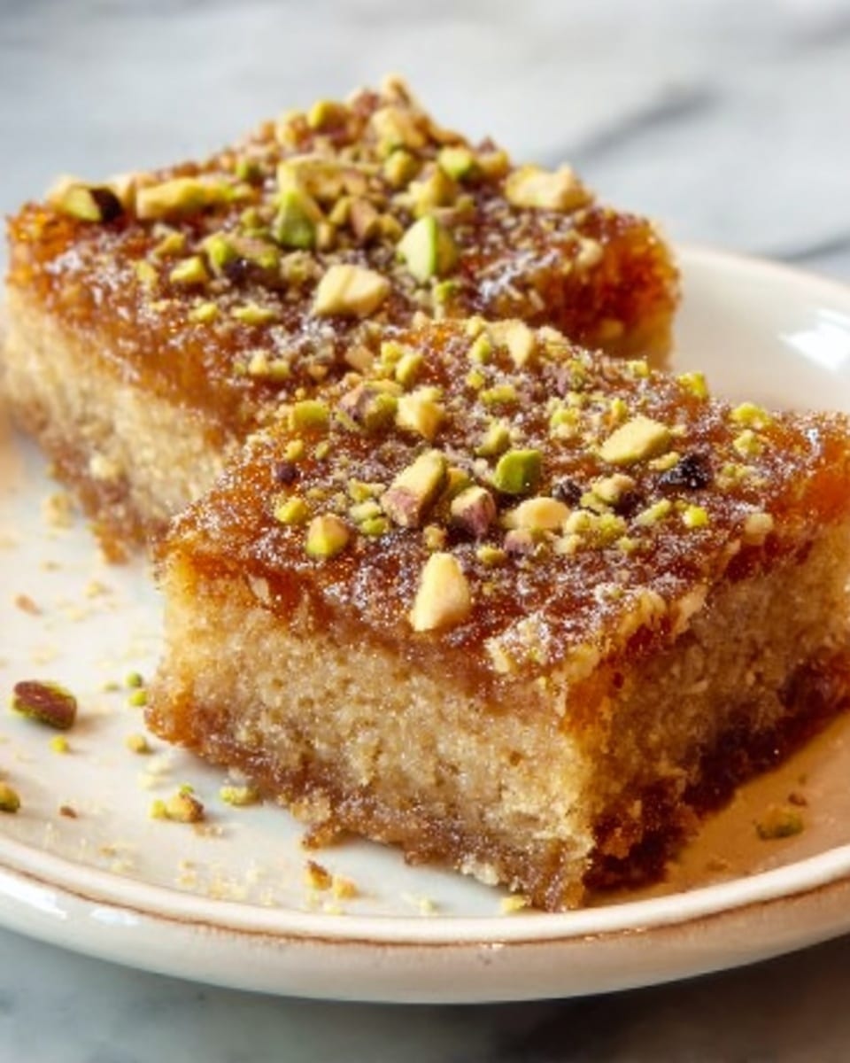 Two square pieces of a dense, crumbly dessert are placed on a white plate with a slightly textured surface. The dessert has a light brown, grainy base layer topped with a smooth, golden-brown layer that looks moist and sticky. Each piece is sprinkled with small green pistachio pieces and a few walnut halves on top. The plate sits on a white marbled surface, and the lighting shows a natural, warm tone. Photo taken with an iphone --ar 4:5 --v 7