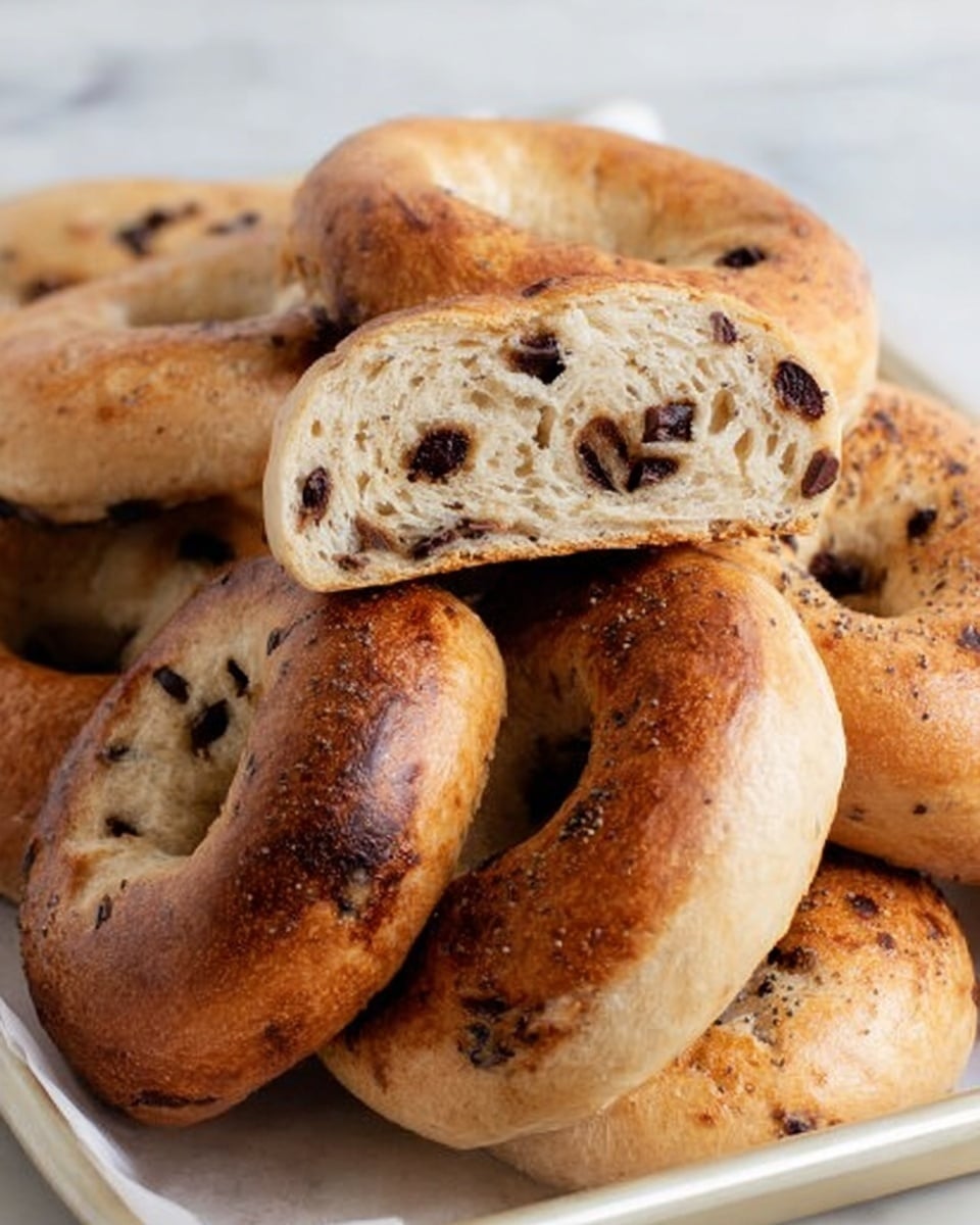 A pile of round bagels with a rough, golden brown crust dotted with dark chocolate chips is shown, some whole and some cut into halves and quarters, revealing a soft, light brown inside with a slightly dense texture and scattered chocolate chips throughout. The bagels rest on white paper inside a metal tray placed on a white marbled surface. photo taken with an iphone --ar 4:5 --v 7