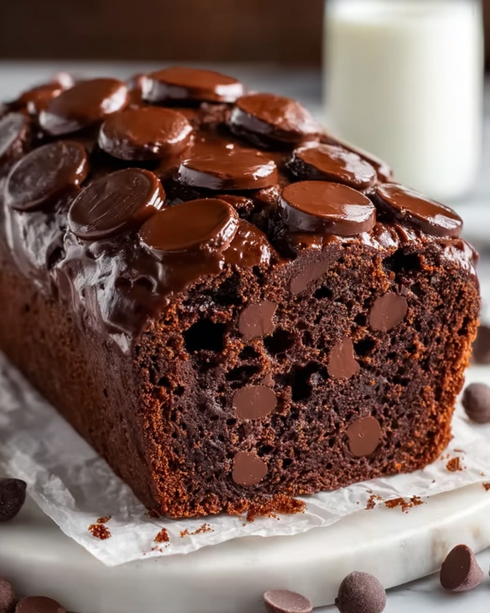 The image shows a thick slice of chocolate loaf cake placed on white parchment paper over a white marbled surface. The cake has three visible layers: the bottom layer is dense and dark brown, the middle layer is moist with many melted chocolate chunks creating a glossy texture, and the top layer is lighter and crumbly with large round chocolate pieces embedded on the surface. Some loose chocolate chips and pieces of chocolate bar are scattered around the cake slice. The background is softly blurred with a glass of milk partially visible. Photo taken with an iphone --ar 4:5 --v 7