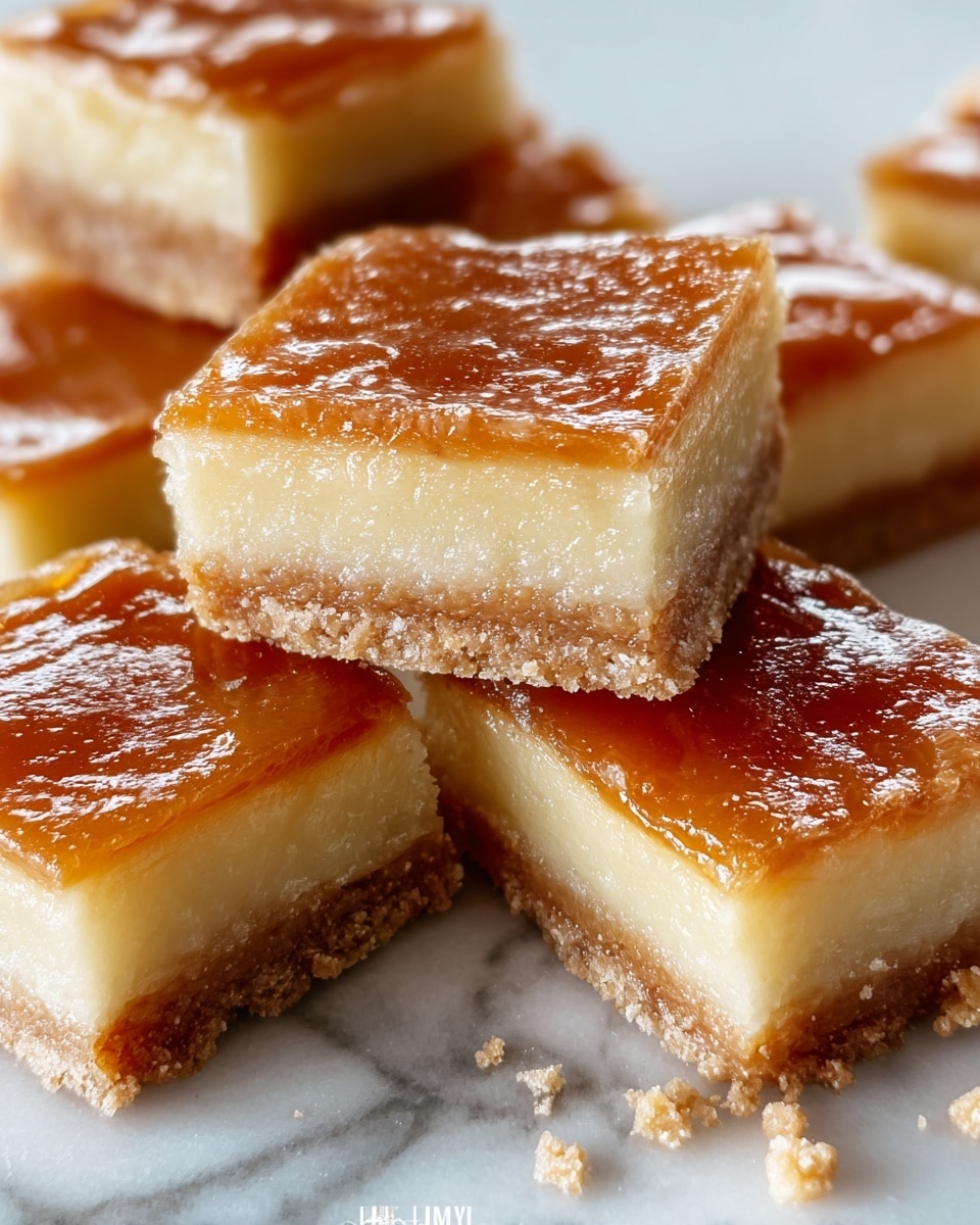 The image shows square-shaped dessert bars with three visible layers. The bottom layer is a thin, golden-brown crust with a slightly crumbly texture. Above it, there is a thick middle layer that is pale yellow and looks dense and moist. The top layer is a shiny, smooth caramel glaze that has a rich golden amber color, giving the bars a glossy finish. The bars are placed close together on a white marbled surface. Photo taken with an iphone --ar 4:5 --v 7