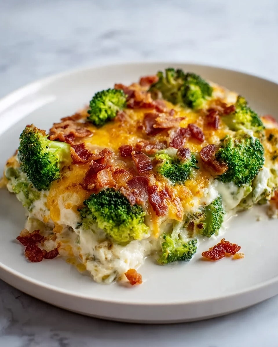 The dish is a layered casserole with three clear layers. The base layer is creamy white sauce mixed with small pieces of white cauliflower. Above that, there is a layer of bright green broccoli florets spread evenly. The top layer consists of melted yellow and orange cheese, mixed with small crispy brown bacon bits scattered on top. The casserole is served on a white plate, placed on a white marbled surface. photo taken with an iphone --ar 4:5 --v 7