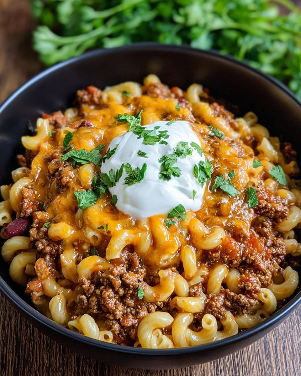 A close-up view of a black bowl filled with three main layers: at the bottom, cooked curly pasta with a soft yellow color, mixed with a thick, reddish-brown sauce containing ground meat and beans, creating a hearty texture; in the middle, melted cheese blending into the pasta and meat, adding a creamy orange tint throughout; on top, a dollop of smooth white sour cream sits at the center, surrounded by fresh green chopped herbs scattered evenly over the dish. The bowl rests on a white marbled surface with some green leaves faintly visible in the background. Photo taken with an iphone --ar 4:5 --v 7