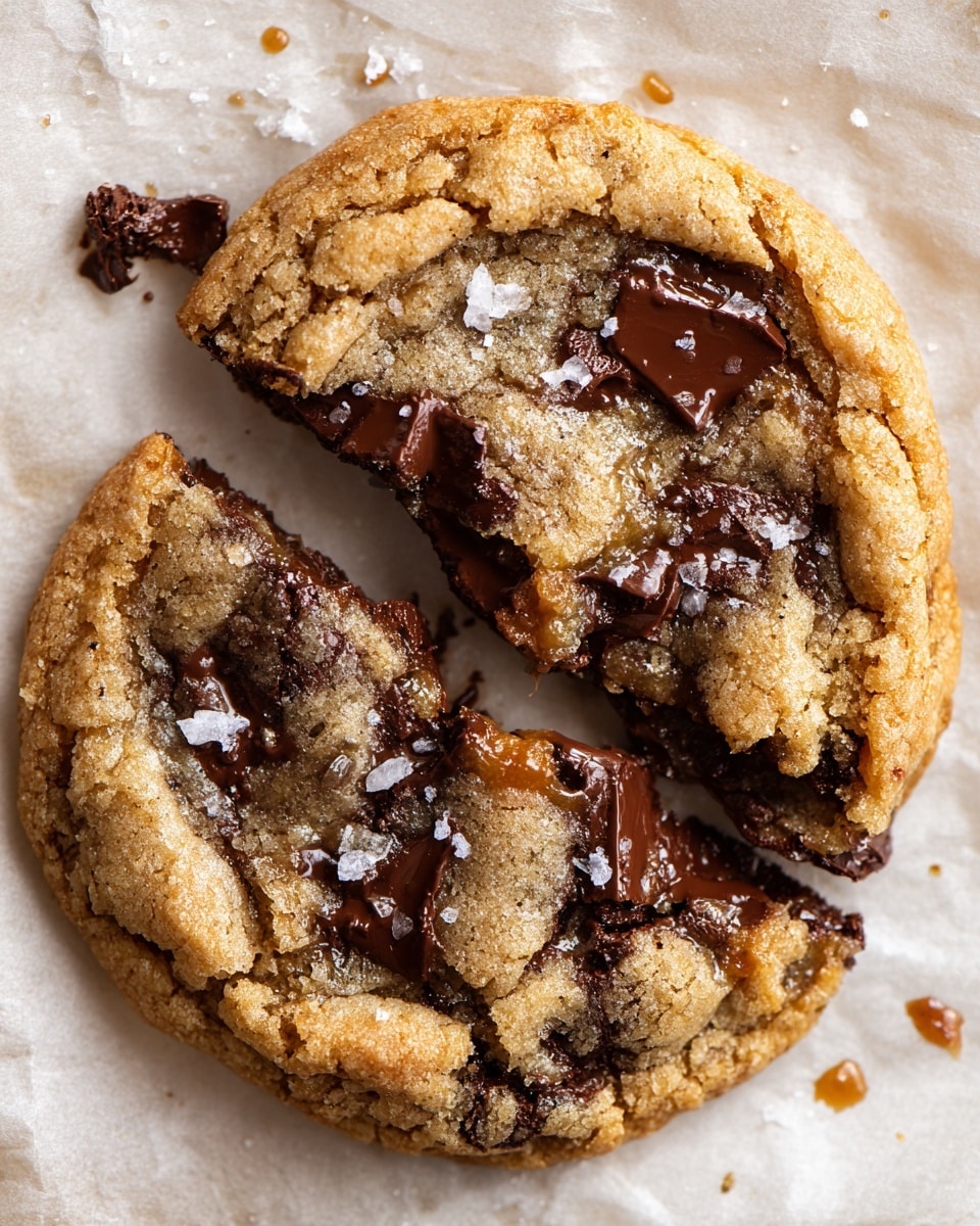A round chocolate chip cookie broken into two halves, placed on parchment paper on a white marbled surface. The cookie has a golden-brown, slightly crispy outer layer with a cracked surface showing a soft, chewy inside. Large chunks of melted dark chocolate are visible throughout the cookie, with some shiny caramel or toffee-like spots on top sprinkled with coarse sea salt flakes. The cookie looks warm and gooey with soft, rich textures. Photo taken with an iphone --ar 4:5 --v 7