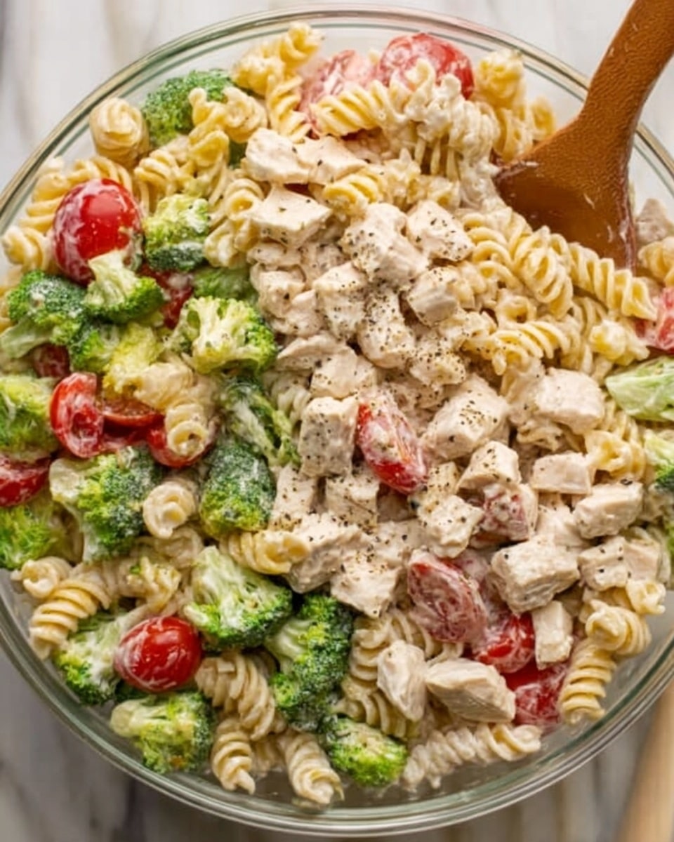 A close-up image of a clear glass bowl filled with a three-layered pasta salad. The base layer is rotini pasta, light beige in color with a slightly rough texture. Mixed evenly throughout this, there are pieces of bright green broccoli florets, vibrant red cherry tomato halves, and small chunks of pale yellow cheese. Scattered across the salad are small cubes of cooked chicken breast, white to light brown, with a slightly moist look. The salad is lightly sprinkled with cracked black pepper on top. A wooden spoon is partially placed inside the bowl on the right side. The bowl is set on a white marbled surface. Photo taken with an iphone --ar 4:5 --v 7