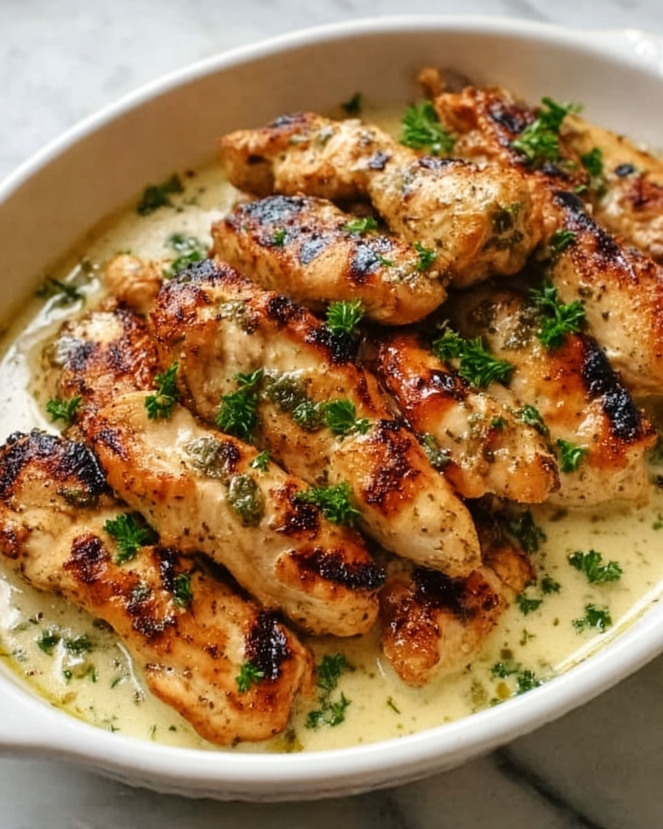 A white rectangular dish filled with several golden-brown grilled chicken strips arranged layered, some slightly overlapping, and sprinkled with chopped green herbs. The chicken has a crispy texture with visible grill marks and a light glaze or sauce at the bottom of the dish. The scene is set on a white marbled surface. photo taken with an iphone --ar 4:5 --v 7