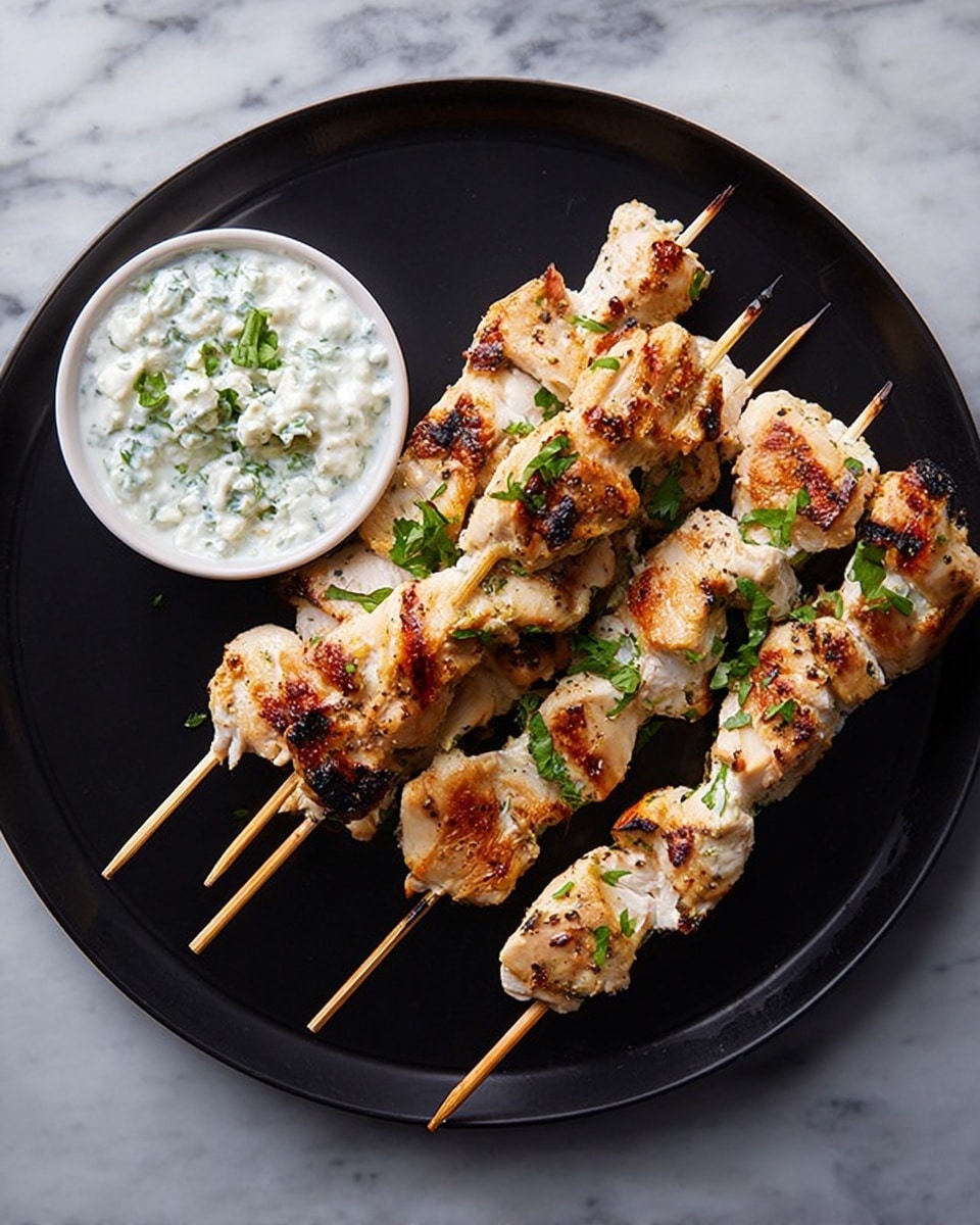 The image shows five grilled chicken skewers placed on a large white plate with curved edges, each skewer with golden-brown chicken pieces that have light char marks and small green herb sprinkles on top. To the side, there is a white bowl filled with creamy white sauce with green herb pieces mixed in, creating a textured look. The plate sits on a white marbled surface, highlighting the colors of the food. photo taken with an iphone --ar 4:5 --v 7
