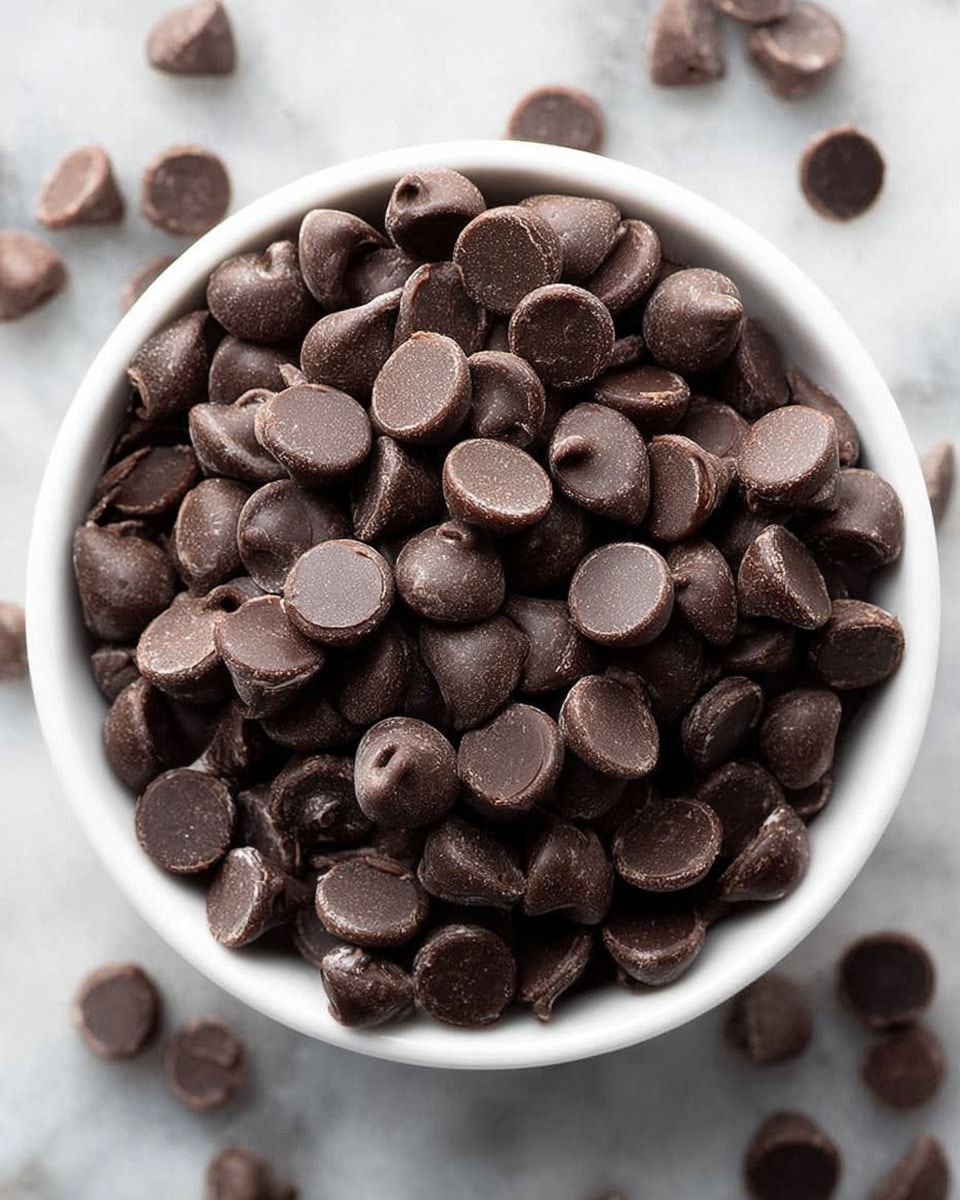 A close-up view of a white bowl filled with many dark brown chocolate chips, each chip showing a smooth, shiny upper surface and a textured side, with some chips scattered around the bowl on a white marbled background. The bowl is full to the top with the chips layered evenly inside, showing a mix of cone-shaped and flat round tops, the texture dense and solid. Photo taken with an iphone --ar 4:5 --v 7