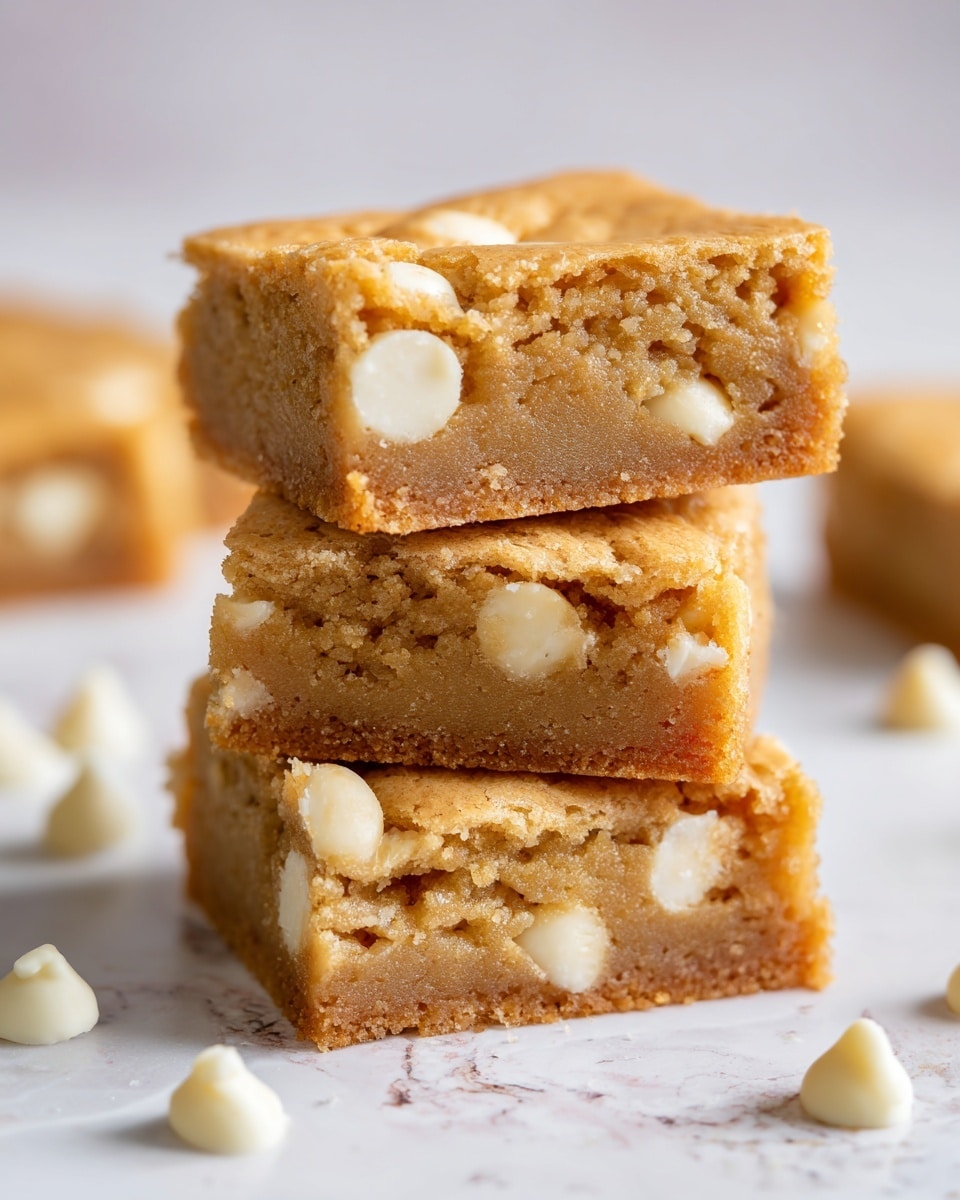 A stack of three square blondies with white chocolate chips inside sits on a white marbled surface. Each blondie has a golden-brown color and a slightly crumbly texture, with visible white chocolate chips spread throughout. The top blondie is slightly broken, showing its soft and moist inside. Small white chocolate chips are scattered around the stack on the surface. The image focuses closely on the blondies, highlighting their texture and chips. photo taken with an iphone --ar 4:5 --v 7