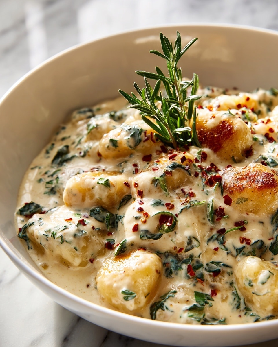 A white bowl holds a creamy dish of browned gnocchi pieces coated in a rich white sauce speckled with green herbs. The gnocchi are golden on the top with a slightly crispy texture and nestled in a thick herb-cream sauce that has visible flecks of chopped green herbs and small bits of red chili flakes. On top of the gnocchi, there is a small sprig of fresh green rosemary adding a touch of color and freshness. The bowl sits on a white marbled surface with soft natural light coming from the background. photo taken with an iphone --ar 4:5 --v 7