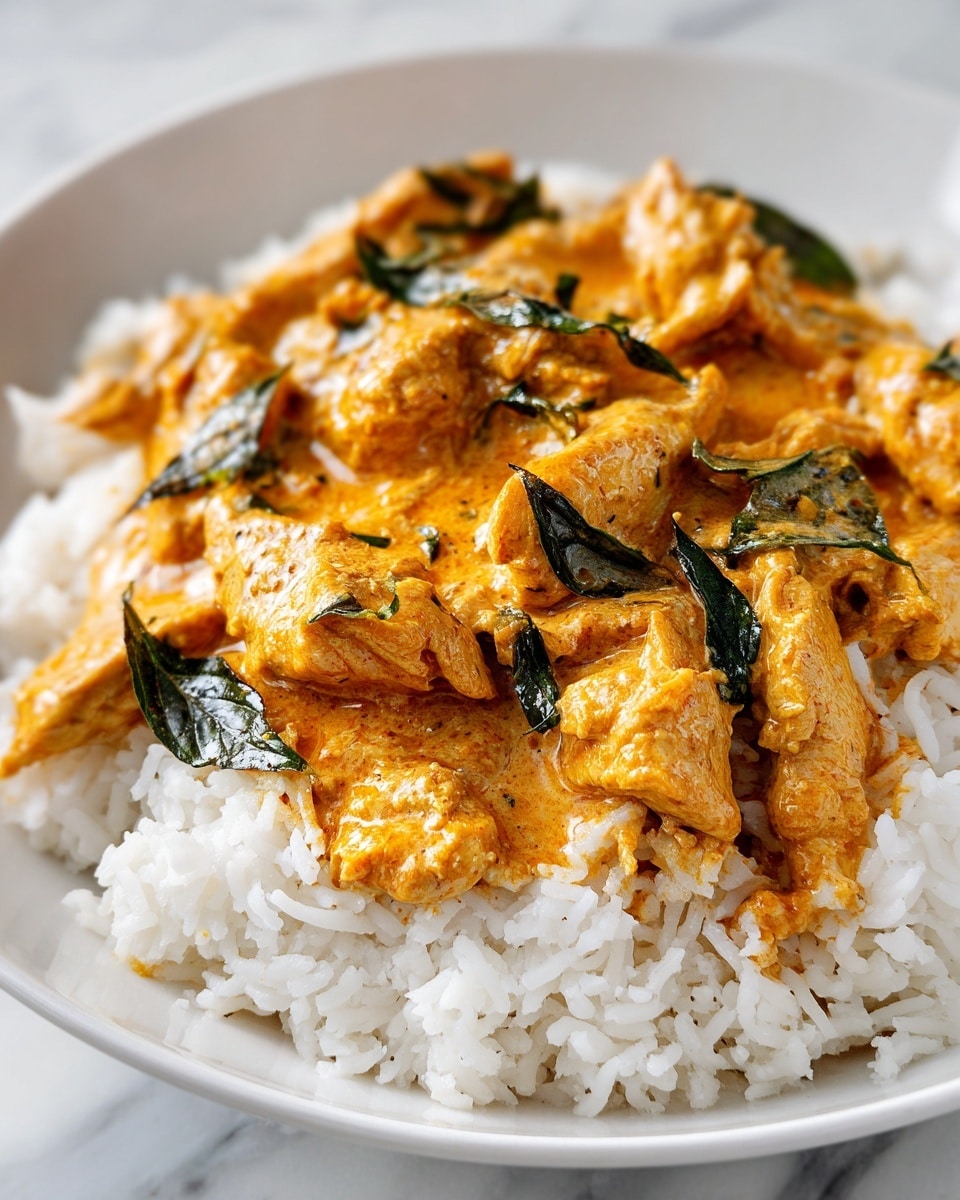 A close-up image of a creamy chicken curry placed on a bed of white rice, all served in a white plate. The dish has a thick, orange-colored sauce coating tender chunks of chicken. Finely chopped green herbs are generously scattered on top of the curry, adding a fresh and vibrant look. The white rice grains are fluffy and separate, forming the base layer beneath the sauce-covered chicken. The entire scene is set on a white marbled surface, giving a clean and elegant background. Photo taken with an iphone --ar 4:5 --v 7